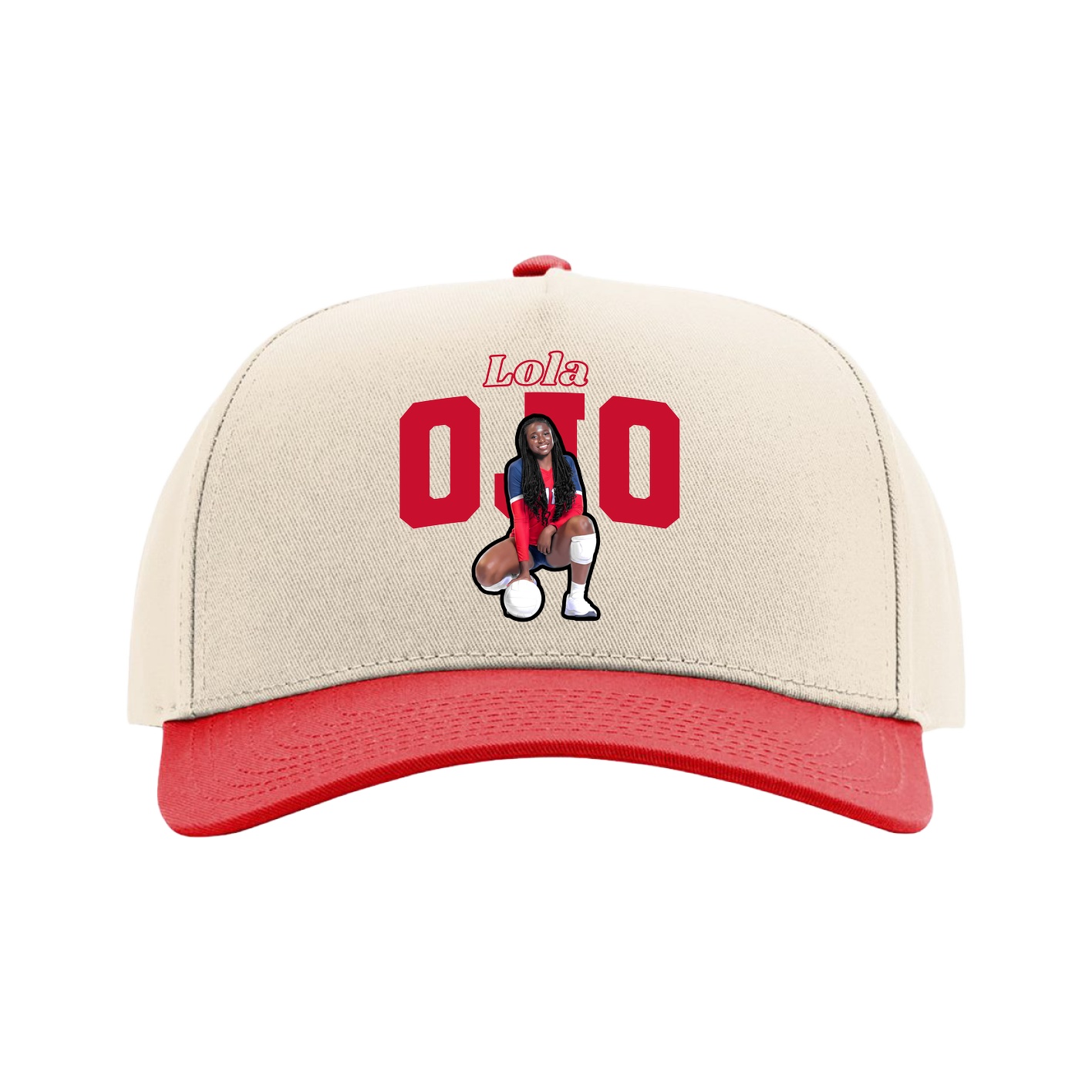 Full Fabric Five-Panel Champ Cap — Name Arch in Cream/Red