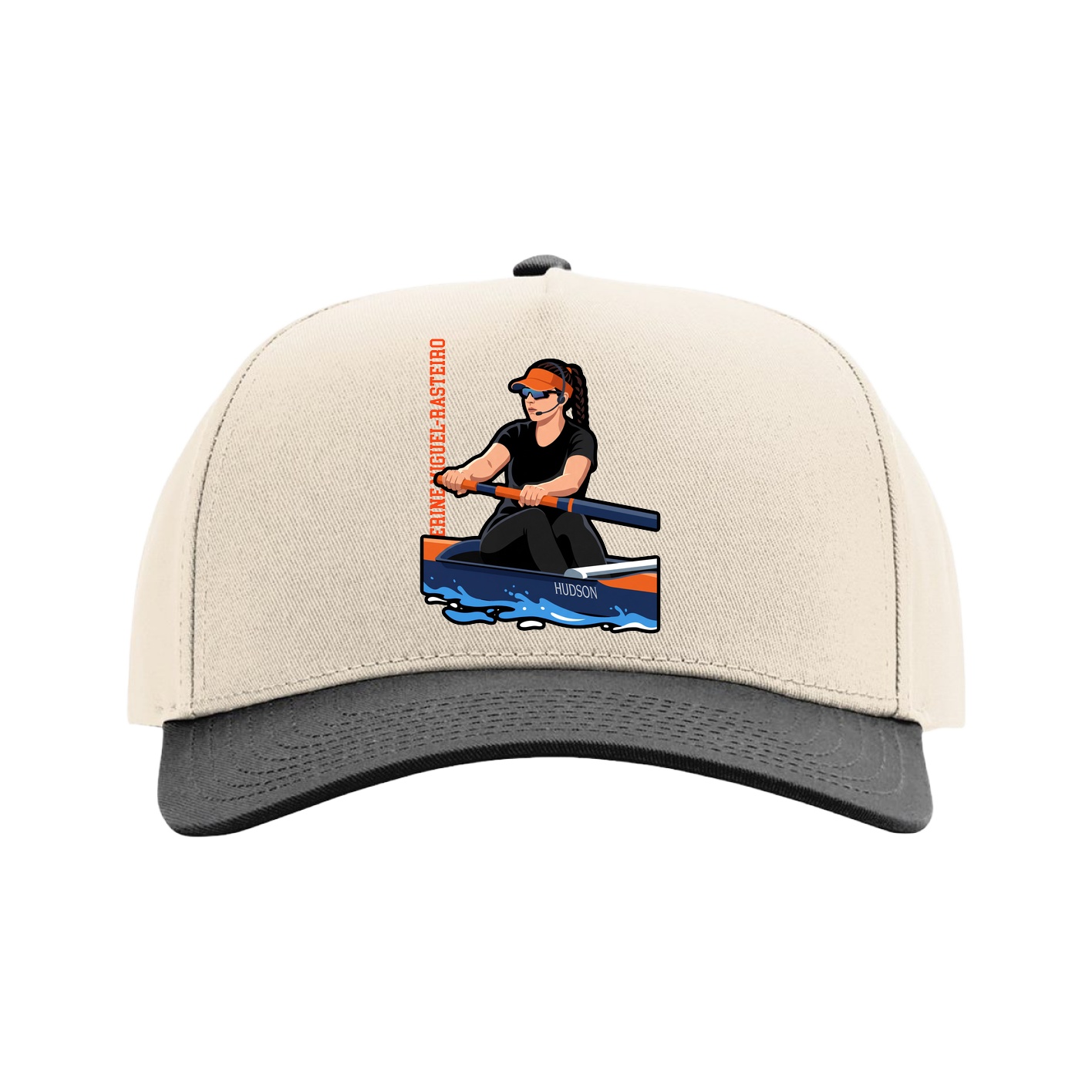 Full Fabric Five-Panel Champ Cap — Name Vertical in Cream/Black