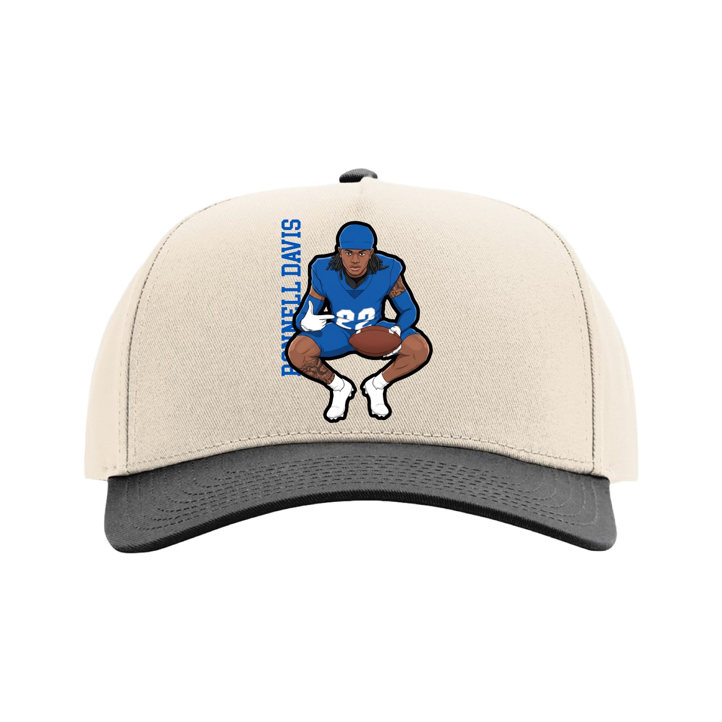 Full Fabric Five-Panel Champ Cap — Name Vertical in Cream/Black