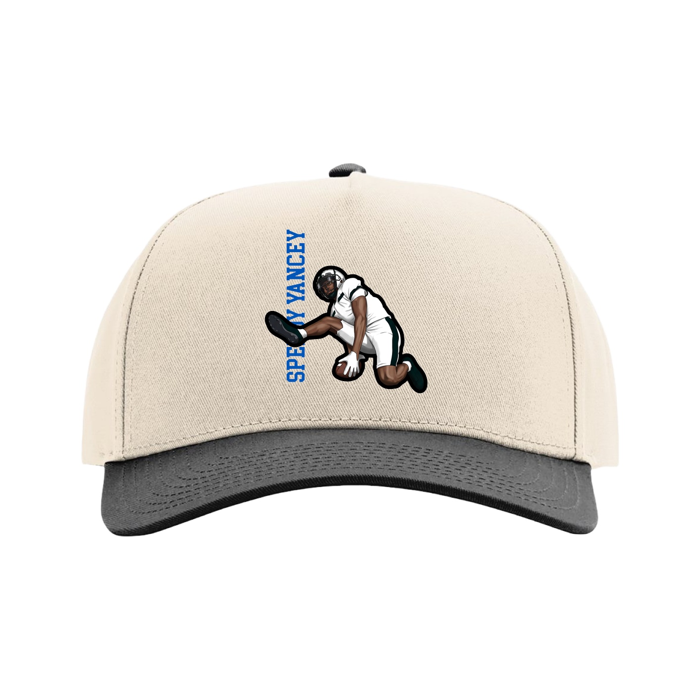Full Fabric Five-Panel Champ Cap — Name Vertical in Cream/Black