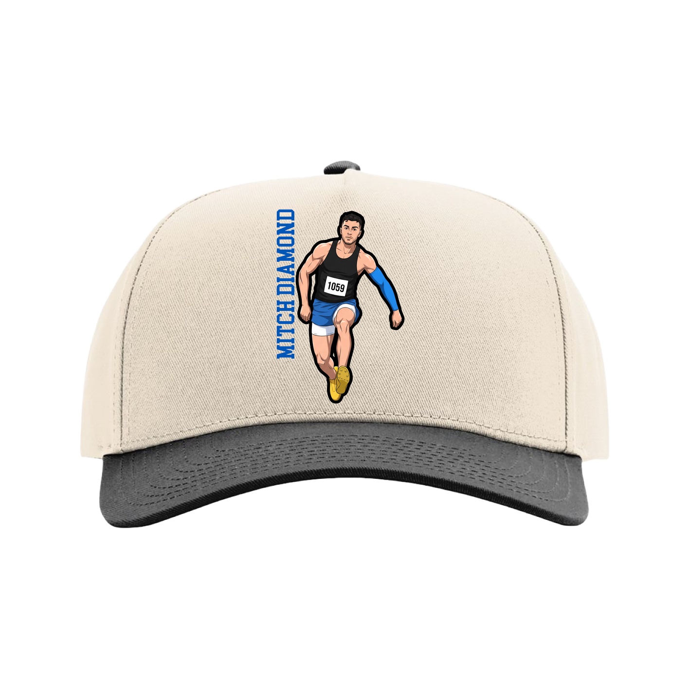 Full Fabric Five-Panel Champ Cap — Name Vertical in Cream/Black