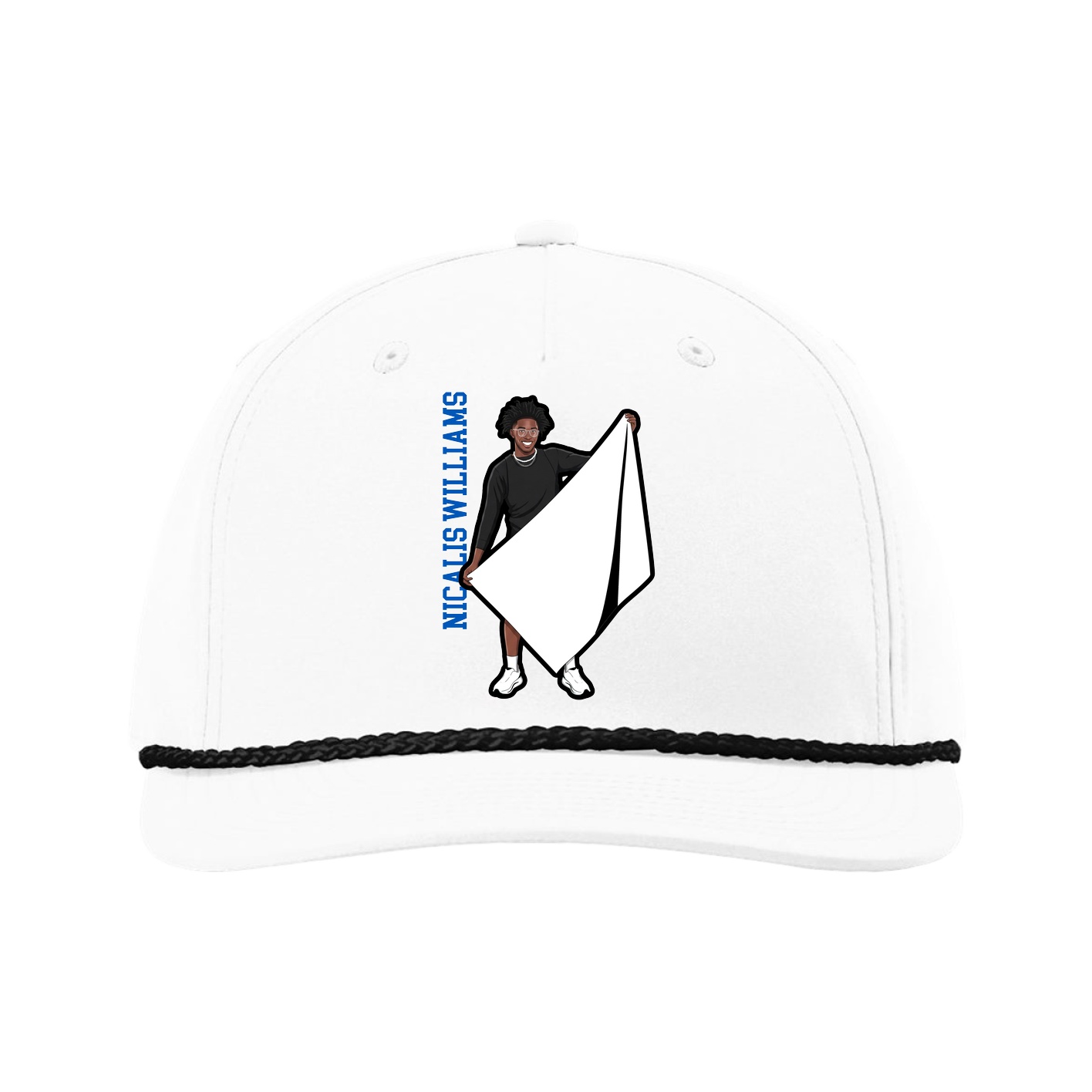 Five-Panel Classic Rope Cap — Name Vertical in White
