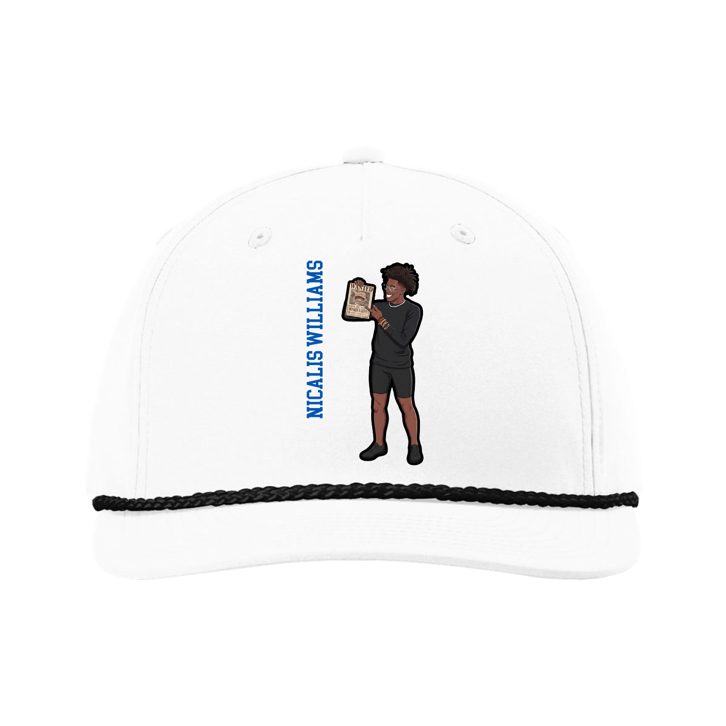 Five-Panel Classic Rope Cap — Name Vertical in White