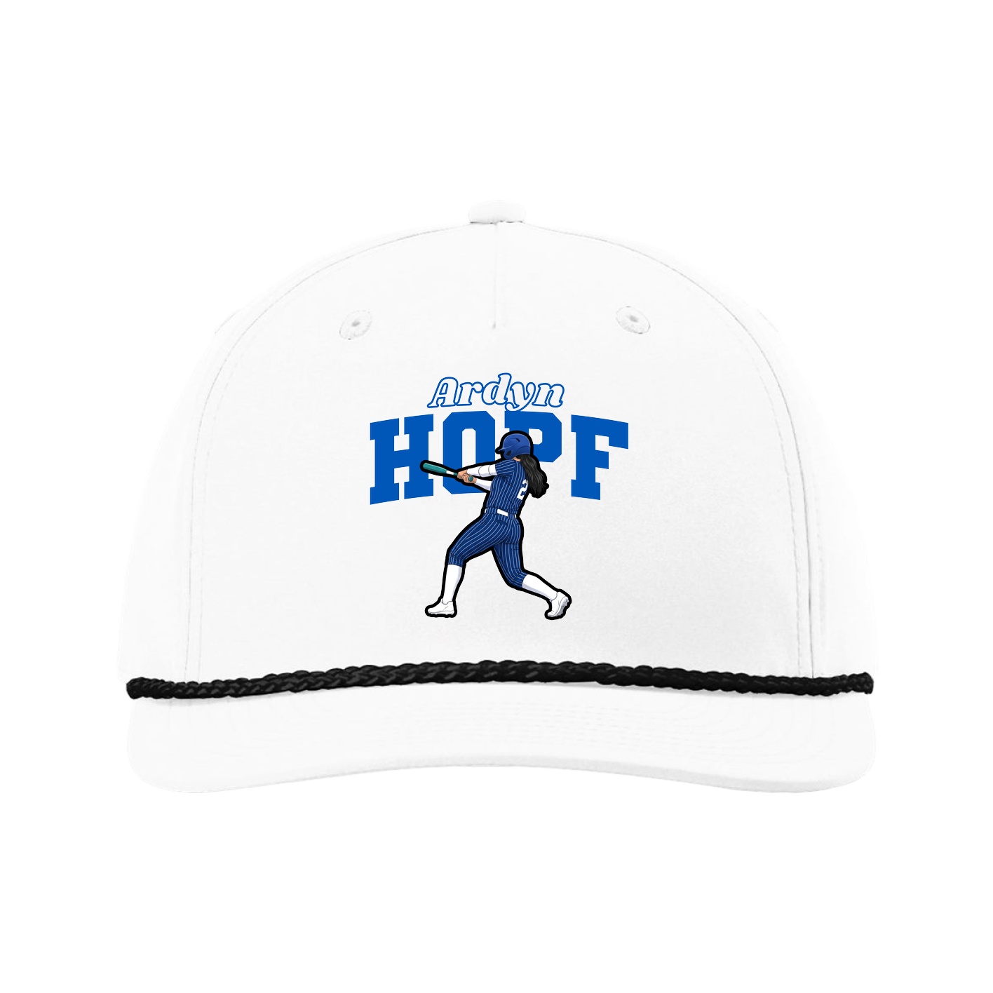 Five-Panel Classic Rope Cap — Name Arch in White