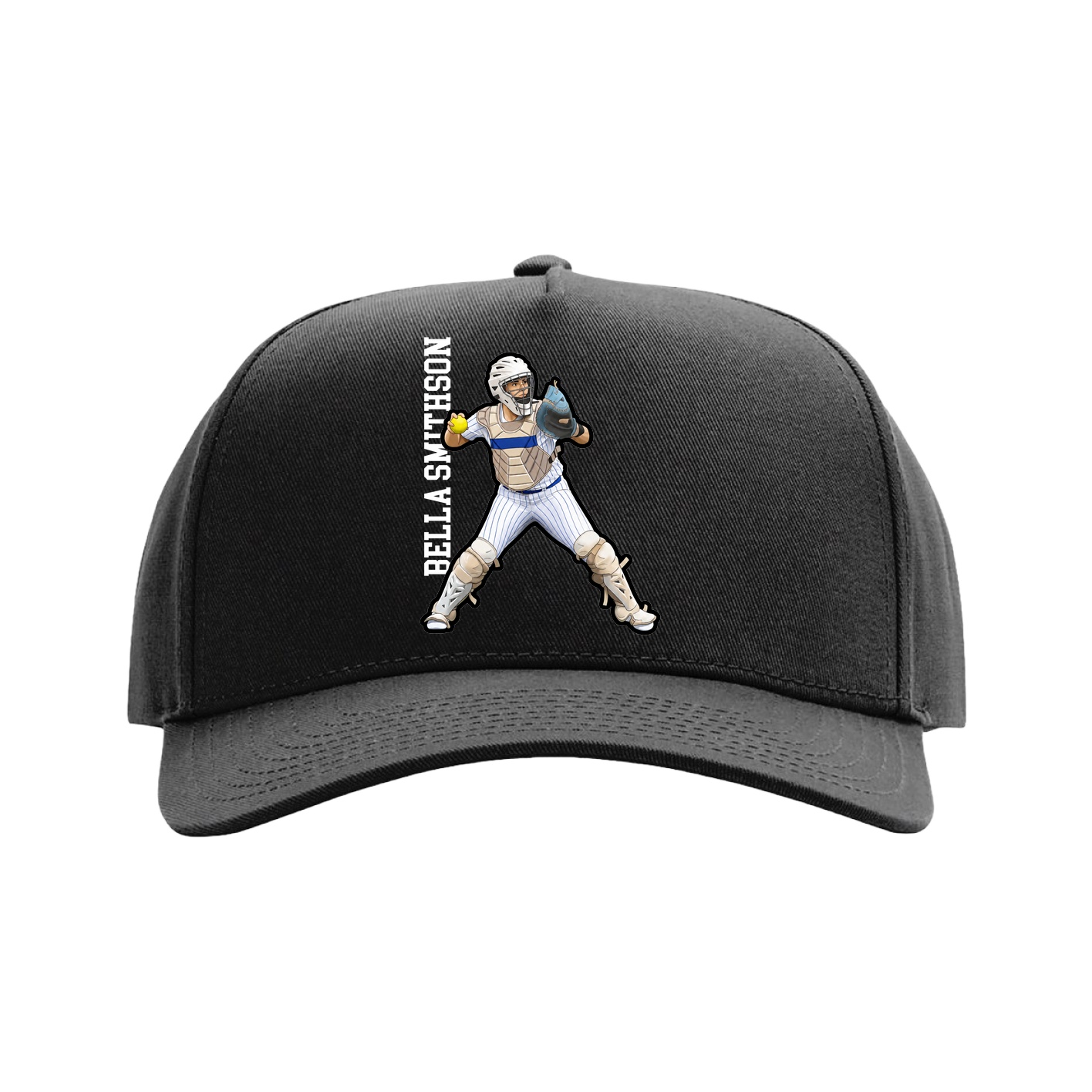 Full Fabric Five-Panel Champ Cap — Name Vertical in Black