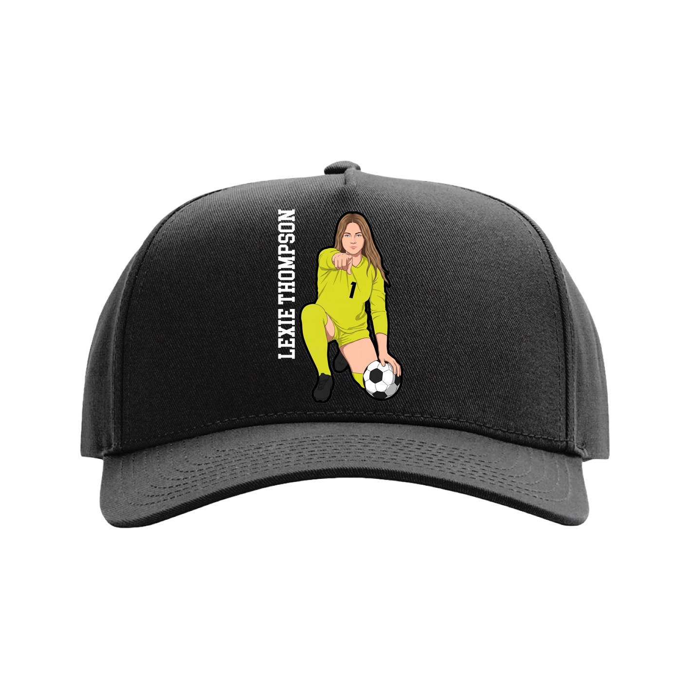 Full Fabric Five-Panel Champ Cap — Name Vertical in Black