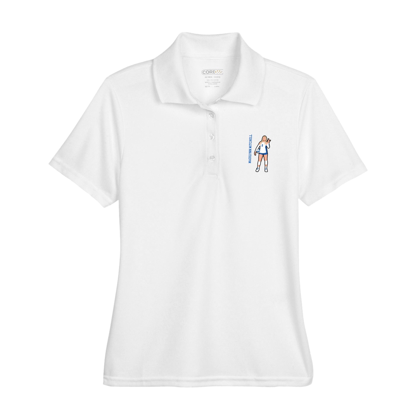 Womens Performance Polo — Name Vertical in White