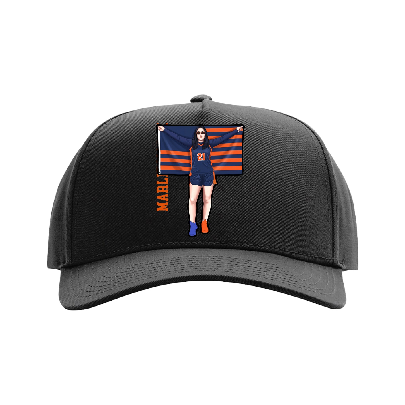 Full Fabric Five-Panel Champ Cap — Name Vertical in Black