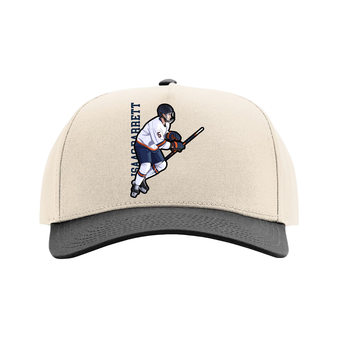 Full Fabric Five-Panel Champ Cap — Name Vertical in Cream/Black