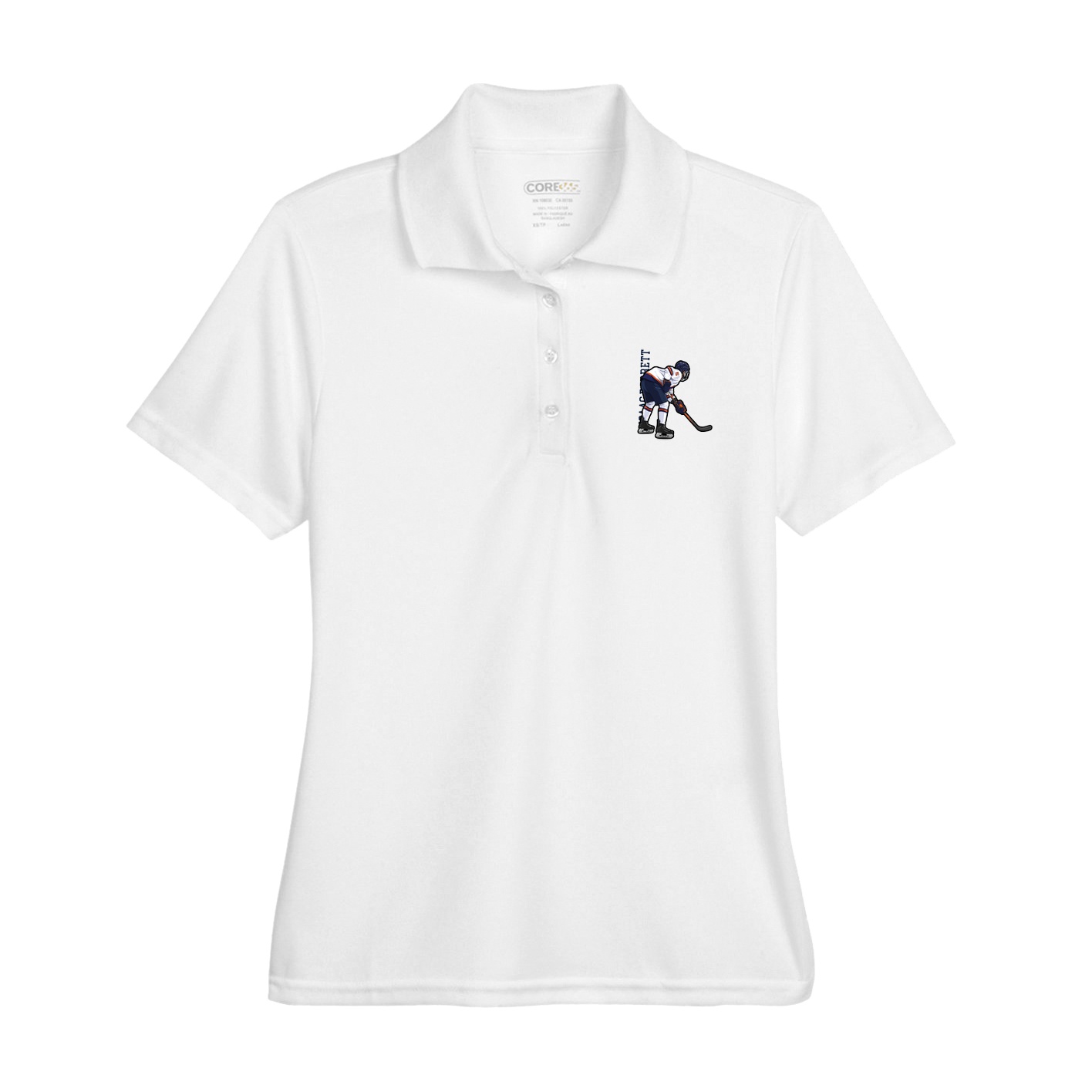 Womens Performance Polo — Name Vertical in White