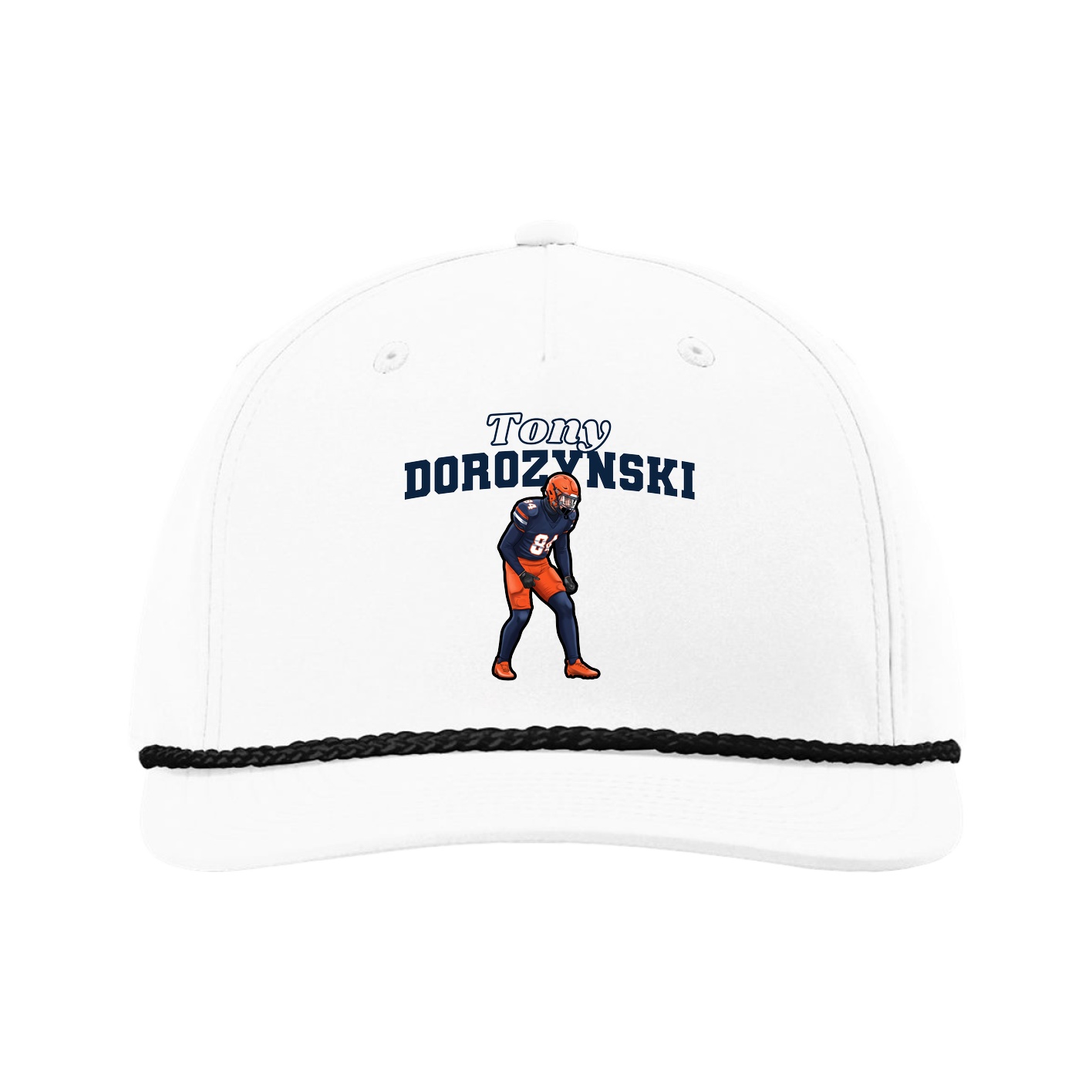Five-Panel Classic Rope Cap — Name Arch in White