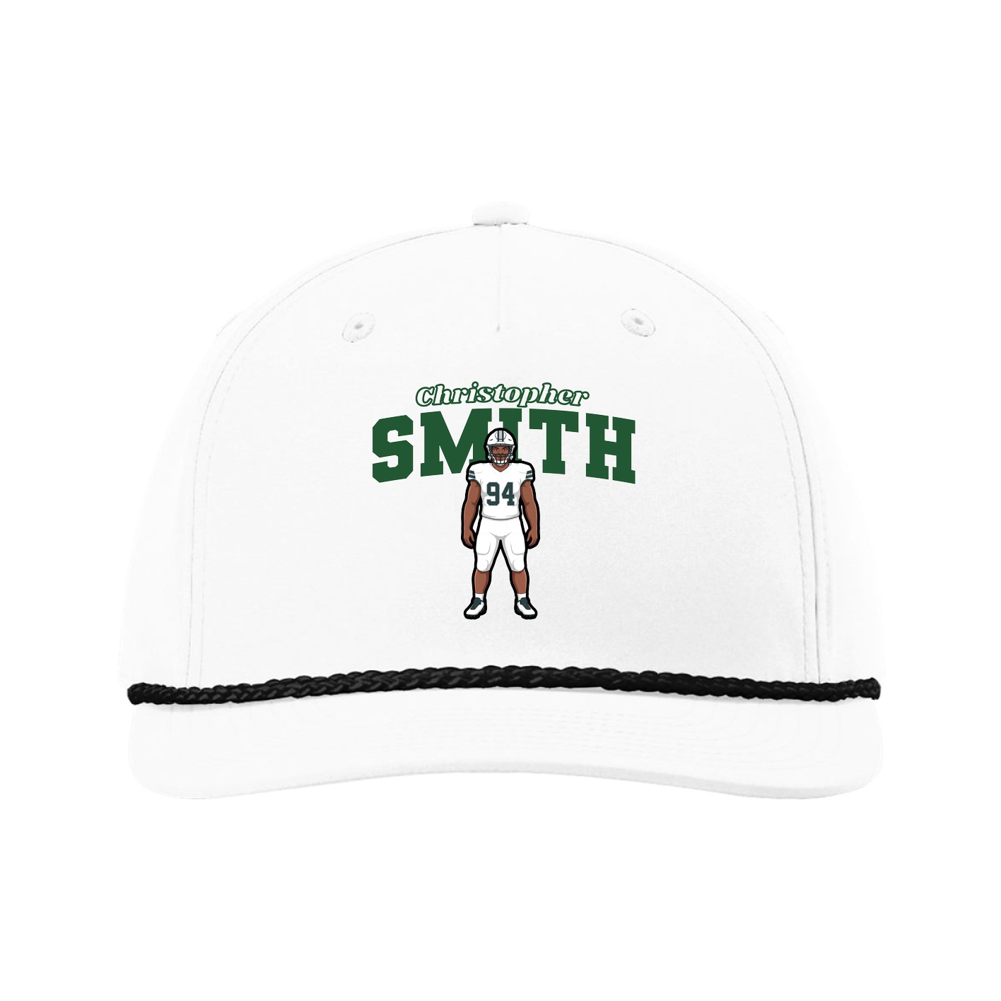 Five-Panel Classic Rope Cap — Name Arch in White