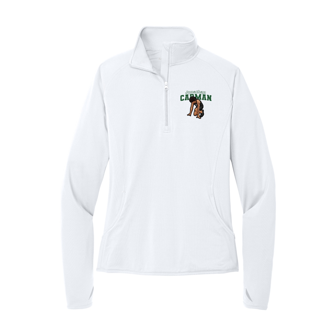 Women's Q-Zip Pullover — Name Arch in White