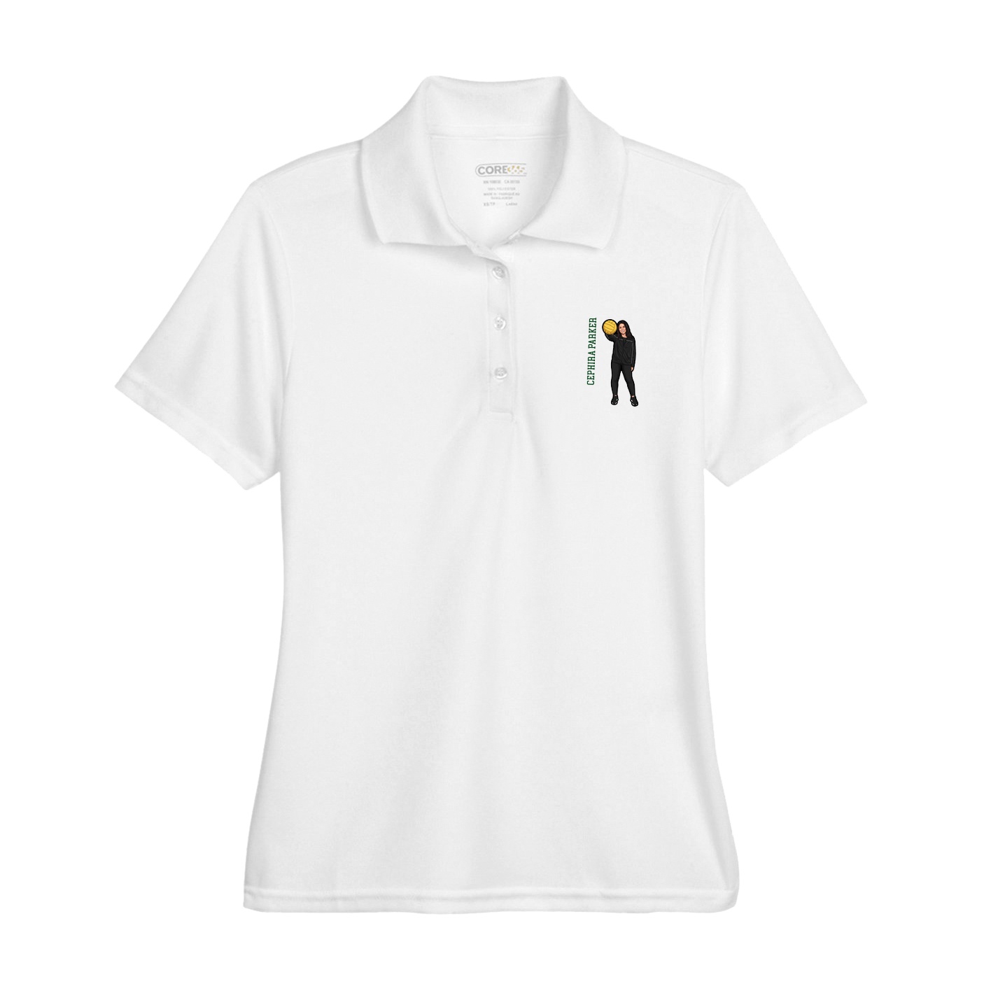 Womens Performance Polo — Name Vertical in White