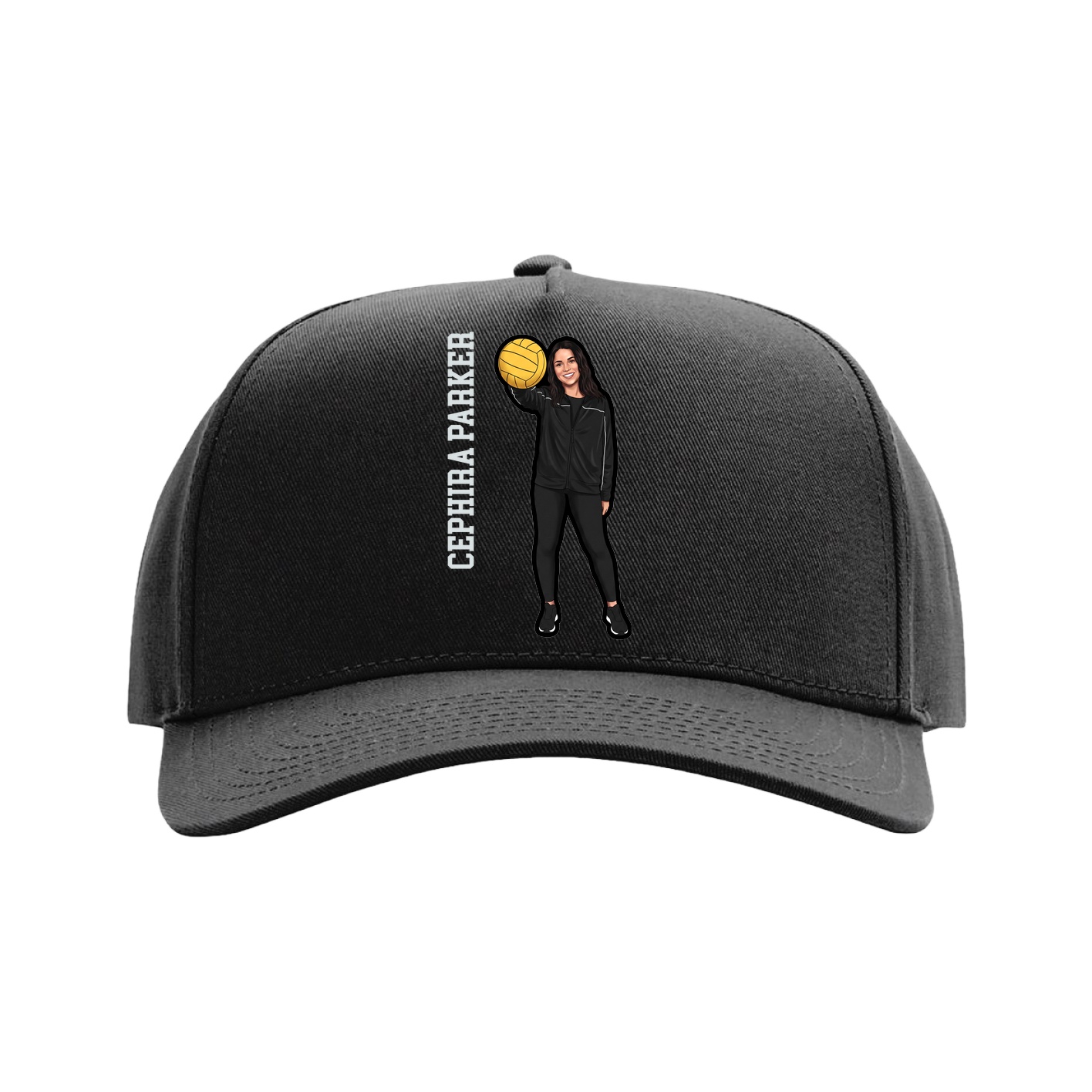 Full Fabric Five-Panel Champ Cap — Name Vertical in Black