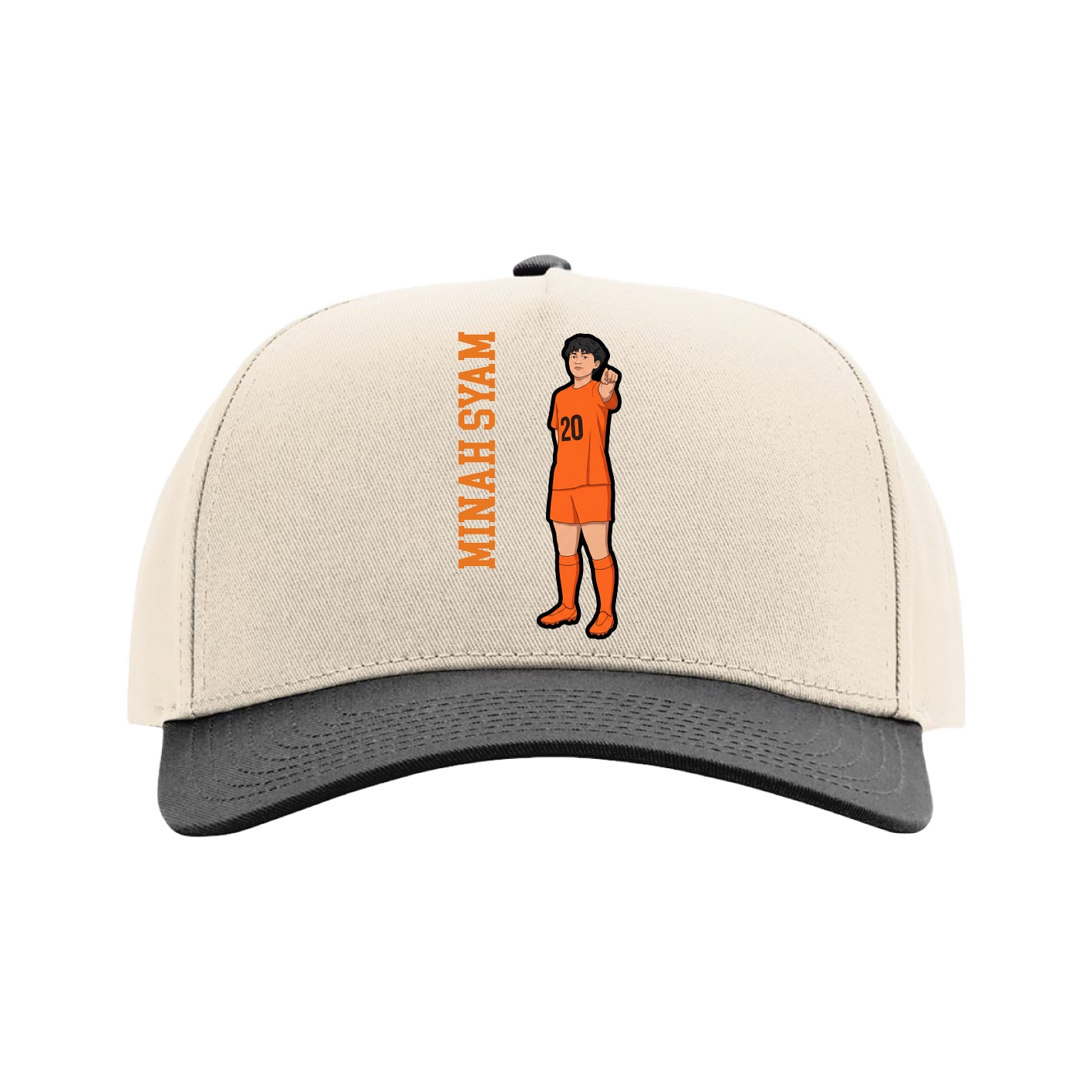 Full Fabric Five-Panel Champ Cap — Name Vertical in Cream/Black