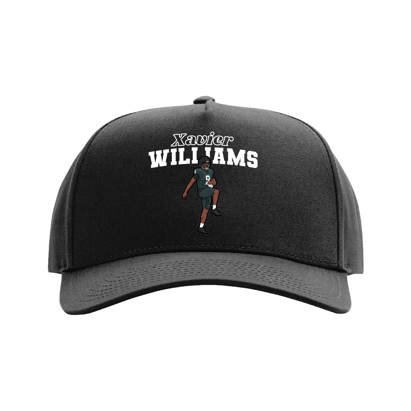 Full Fabric Five-Panel Champ Cap — Name Arch in Black
