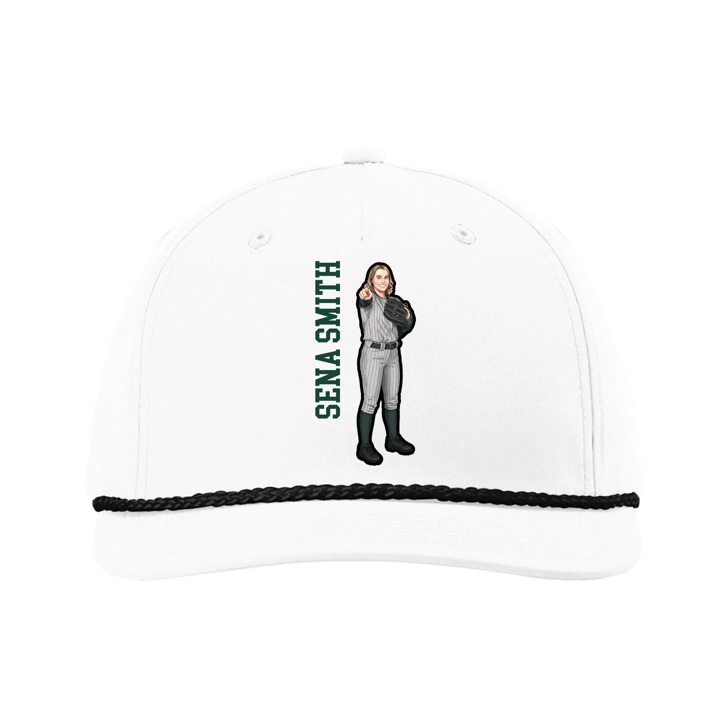 Five-Panel Classic Rope Cap — Name Vertical in White