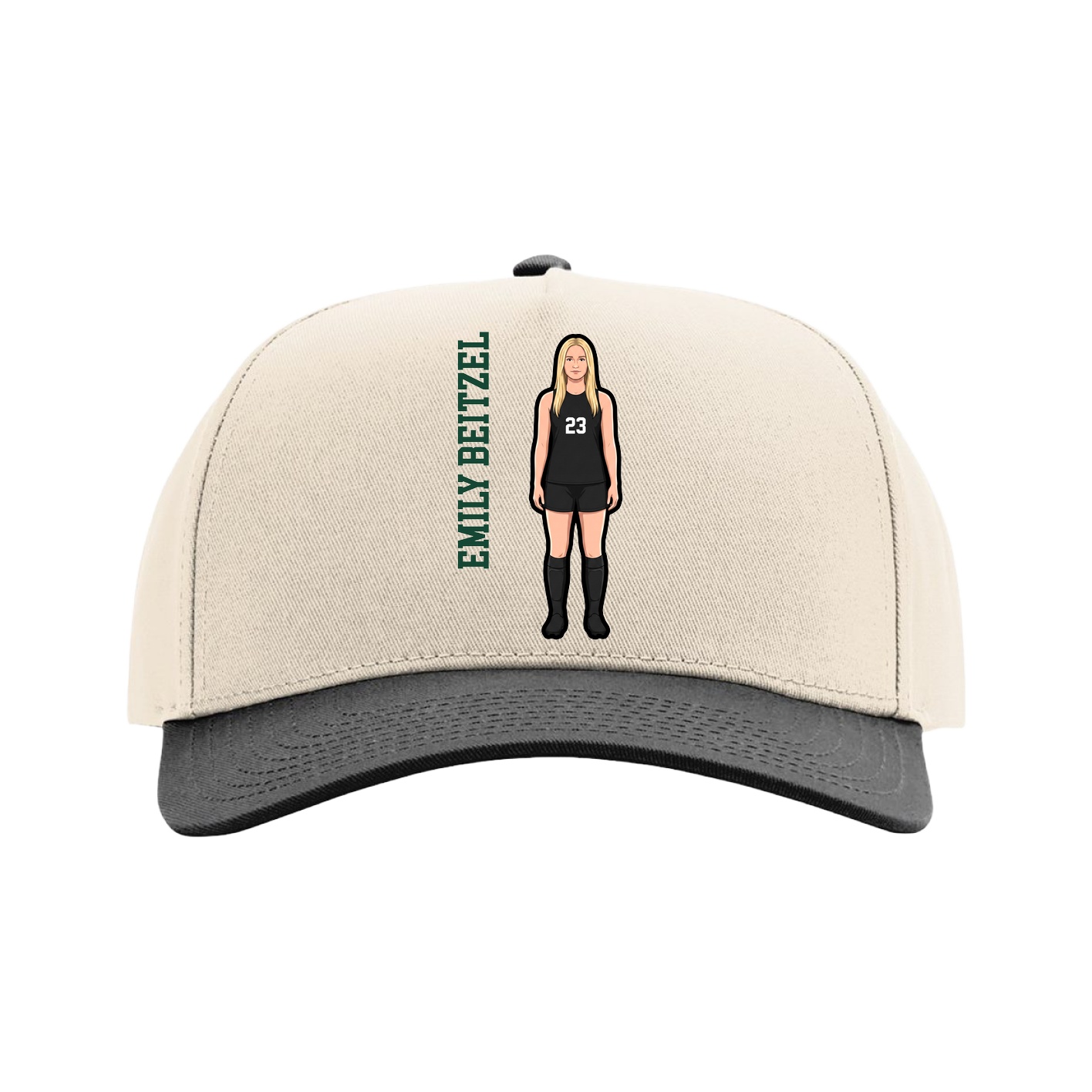 Full Fabric Five-Panel Champ Cap — Name Vertical in Cream/Black