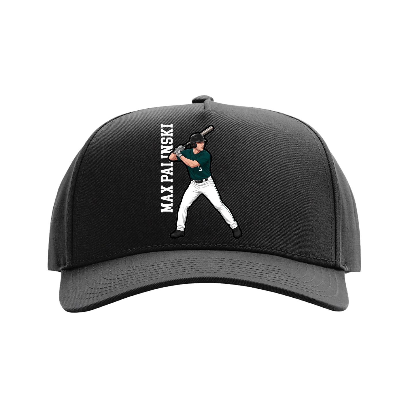 Full Fabric Five-Panel Champ Cap — Name Vertical in Black