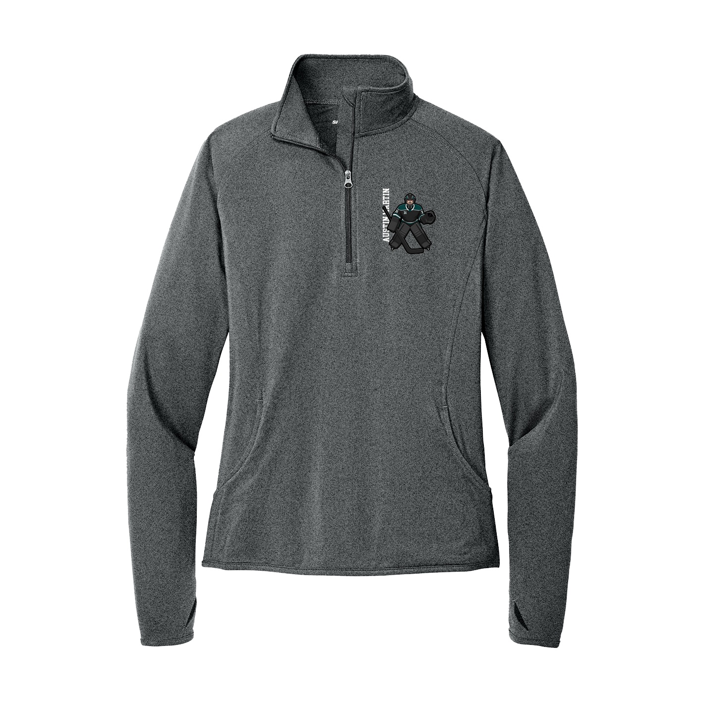 Women's Q-Zip Pullover — Name Vertical in Grey