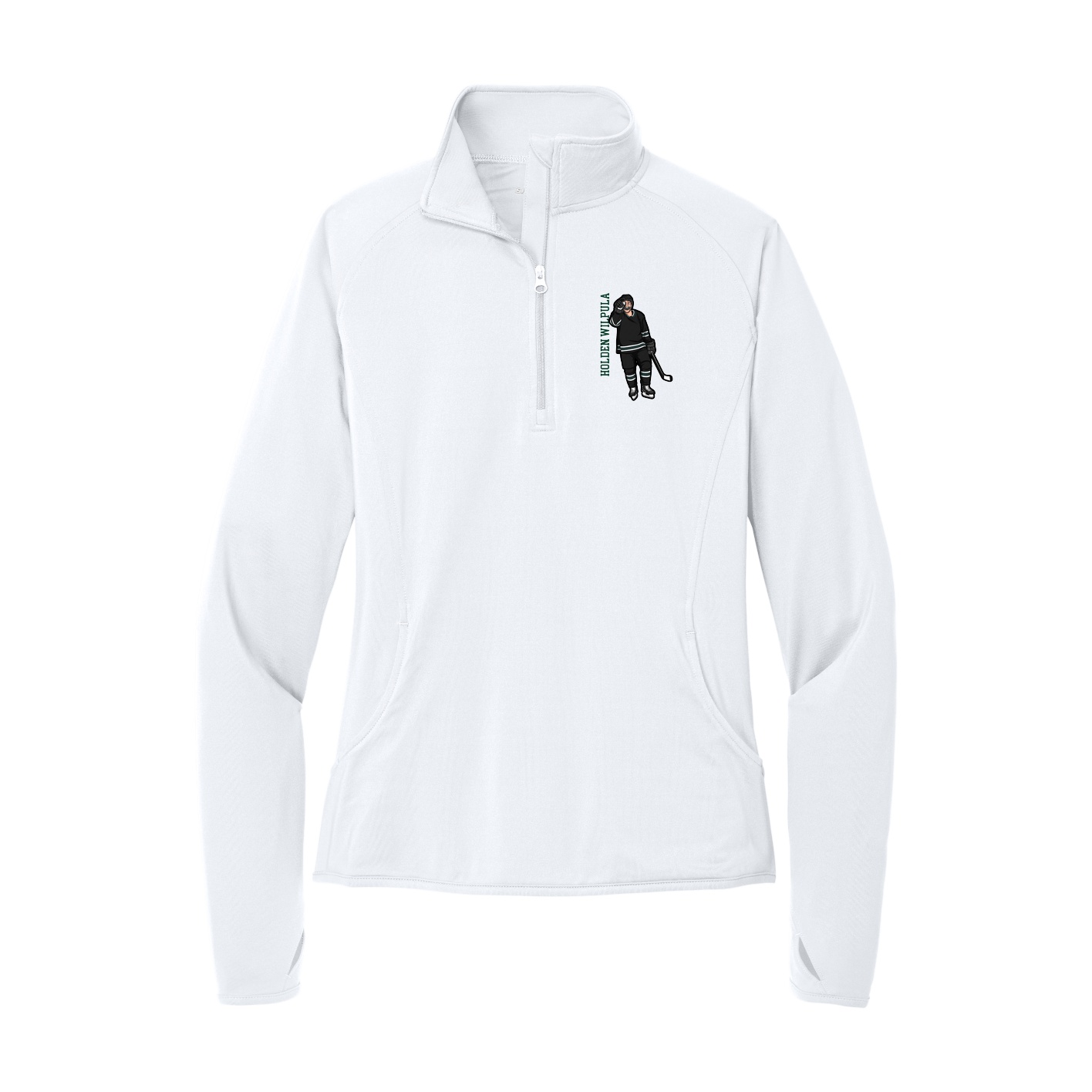 Women's Q-Zip Pullover — Name Vertical in White