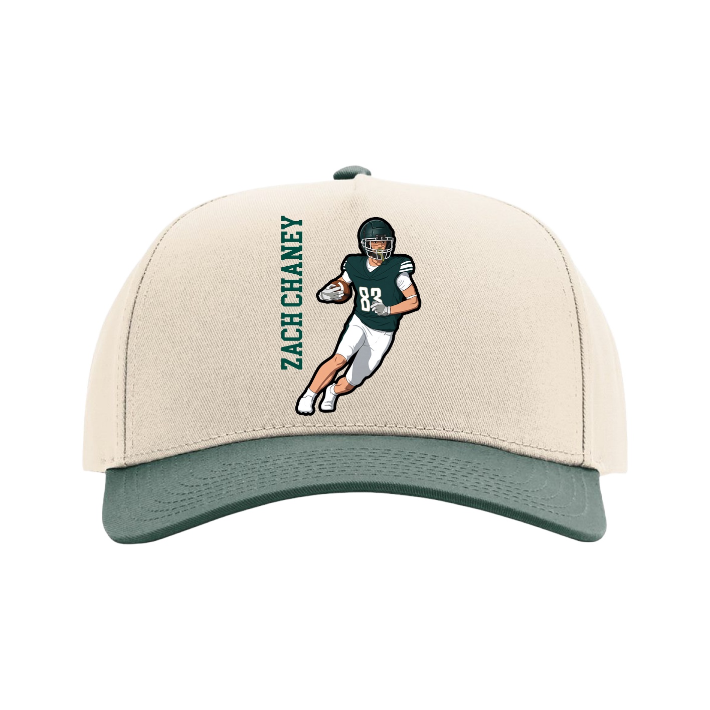 Full Fabric Five-Panel Champ Cap — Name Vertical in Cream/Green