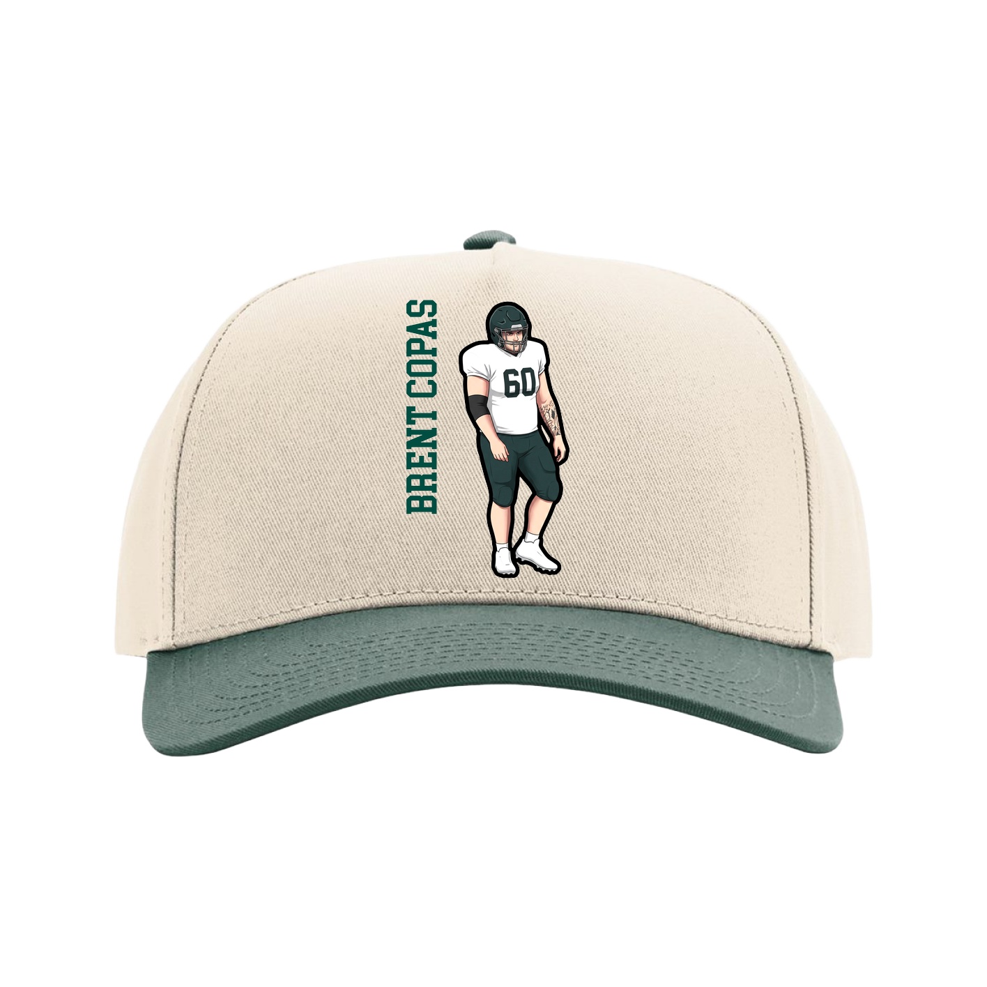 Full Fabric Five-Panel Champ Cap — Name Vertical in Cream/Green