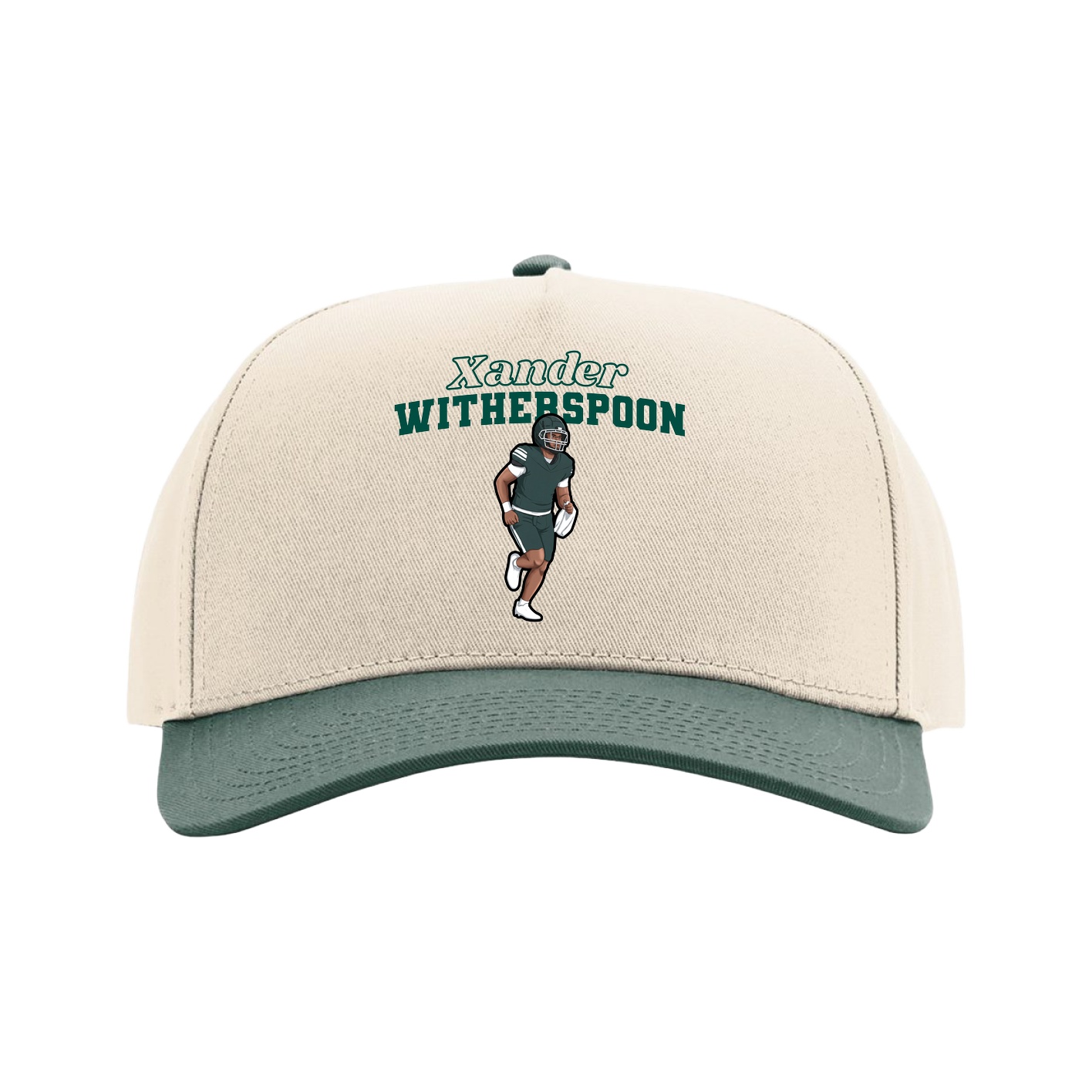 Full Fabric Five-Panel Champ Cap — Name Arch in Cream/Green