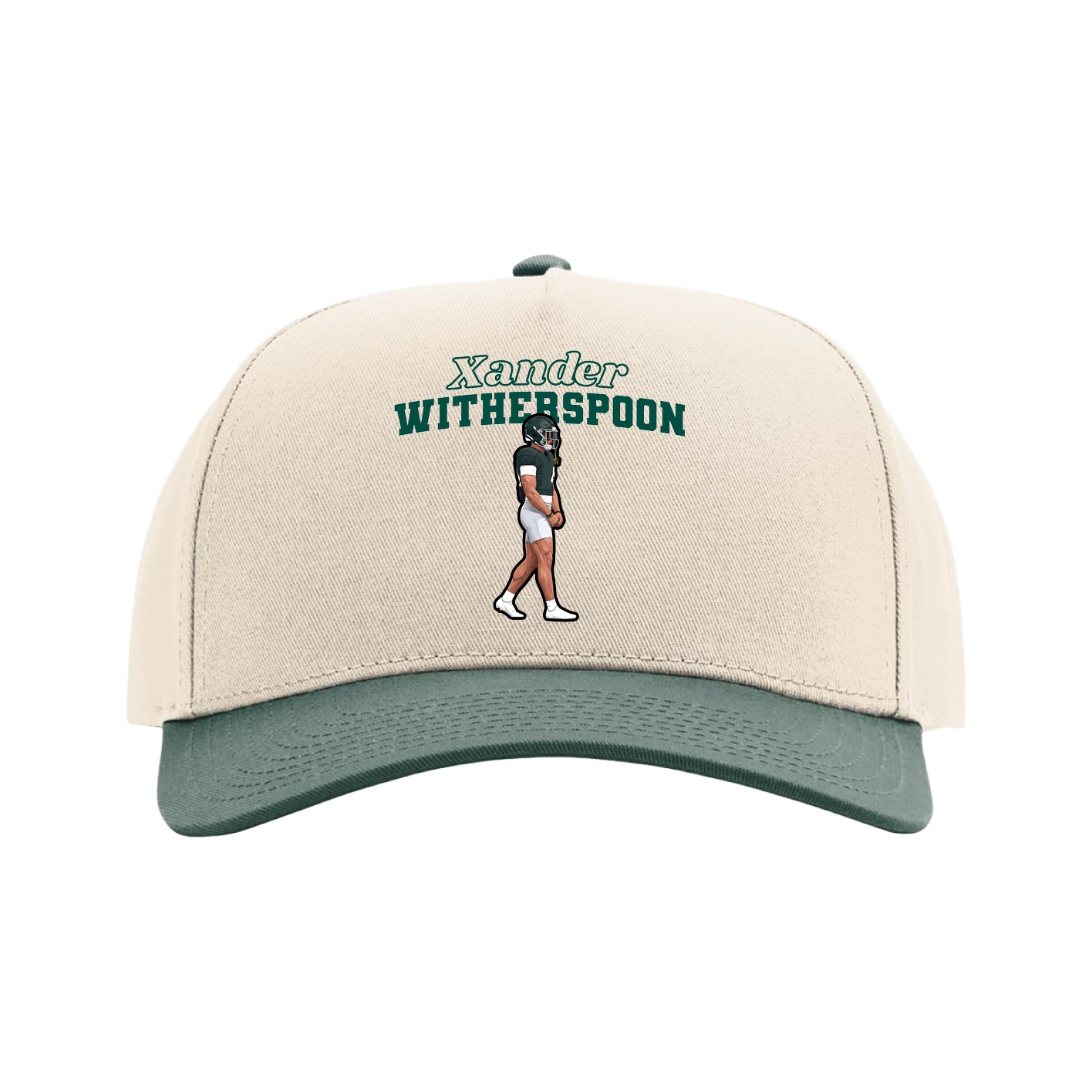 Full Fabric Five-Panel Champ Cap — Name Arch in Cream/Green