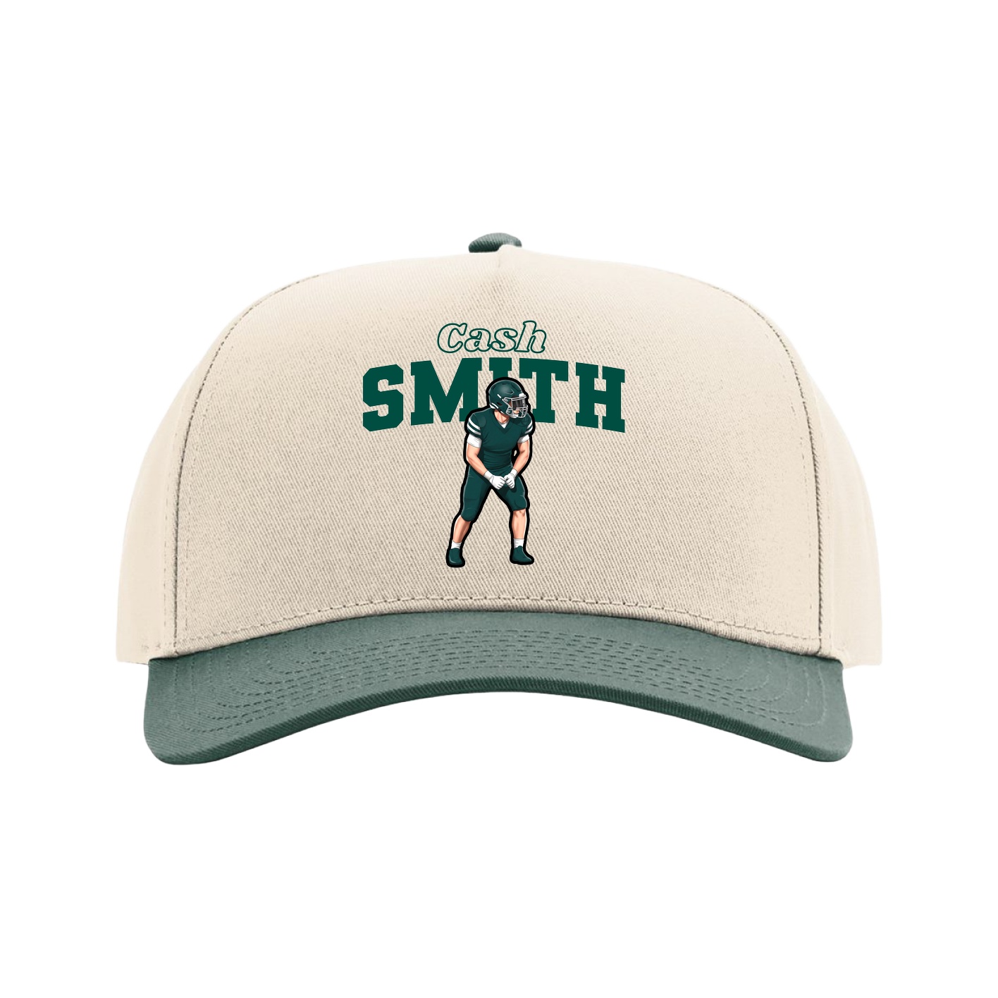Full Fabric Five-Panel Champ Cap — Name Arch in Cream/Green