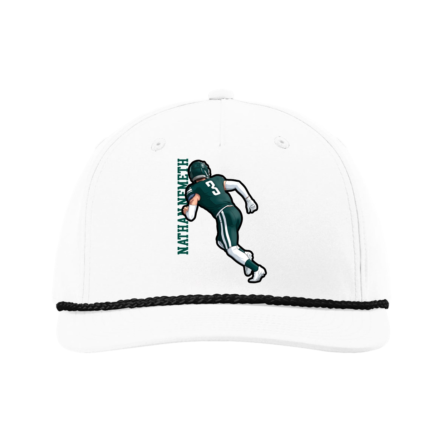 Five-Panel Classic Rope Cap — Name Vertical in White