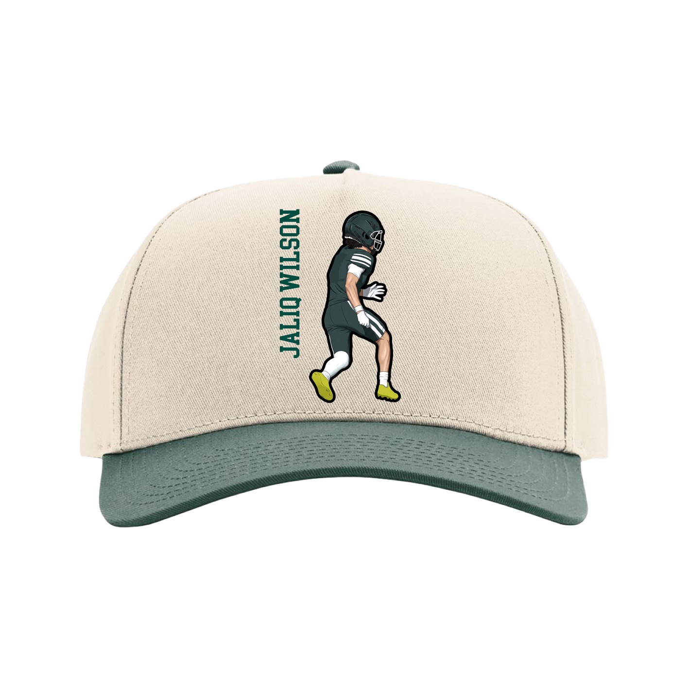 Full Fabric Five-Panel Champ Cap — Name Vertical in Cream/Green