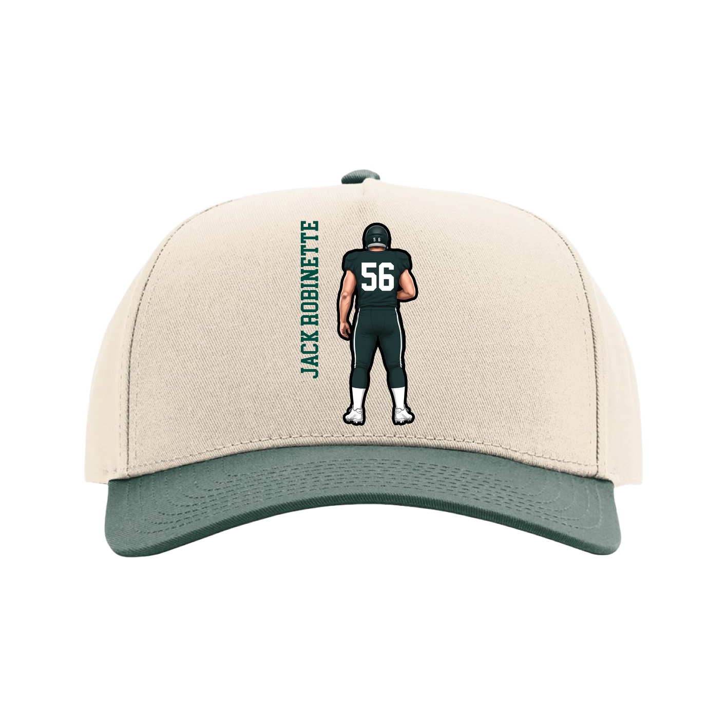 Full Fabric Five-Panel Champ Cap — Name Vertical in Cream/Green