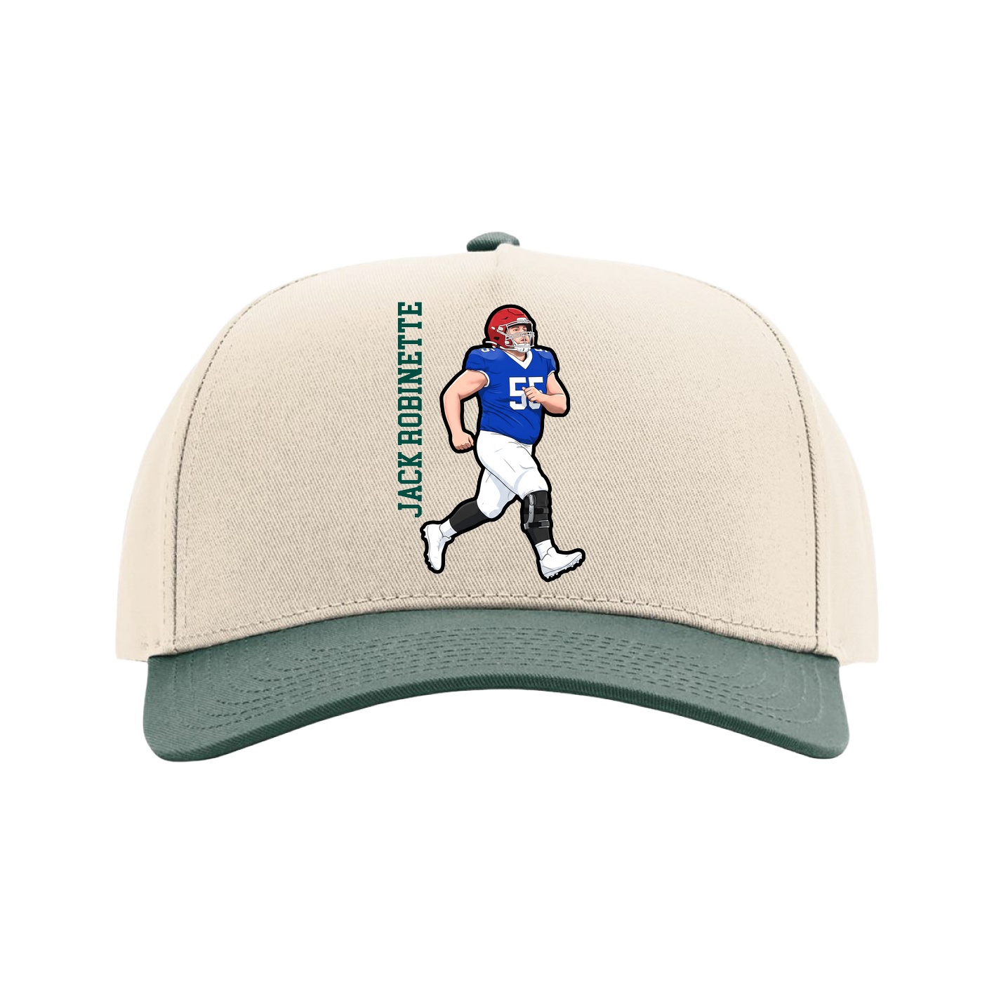 Full Fabric Five-Panel Champ Cap — Name Vertical in Cream/Green
