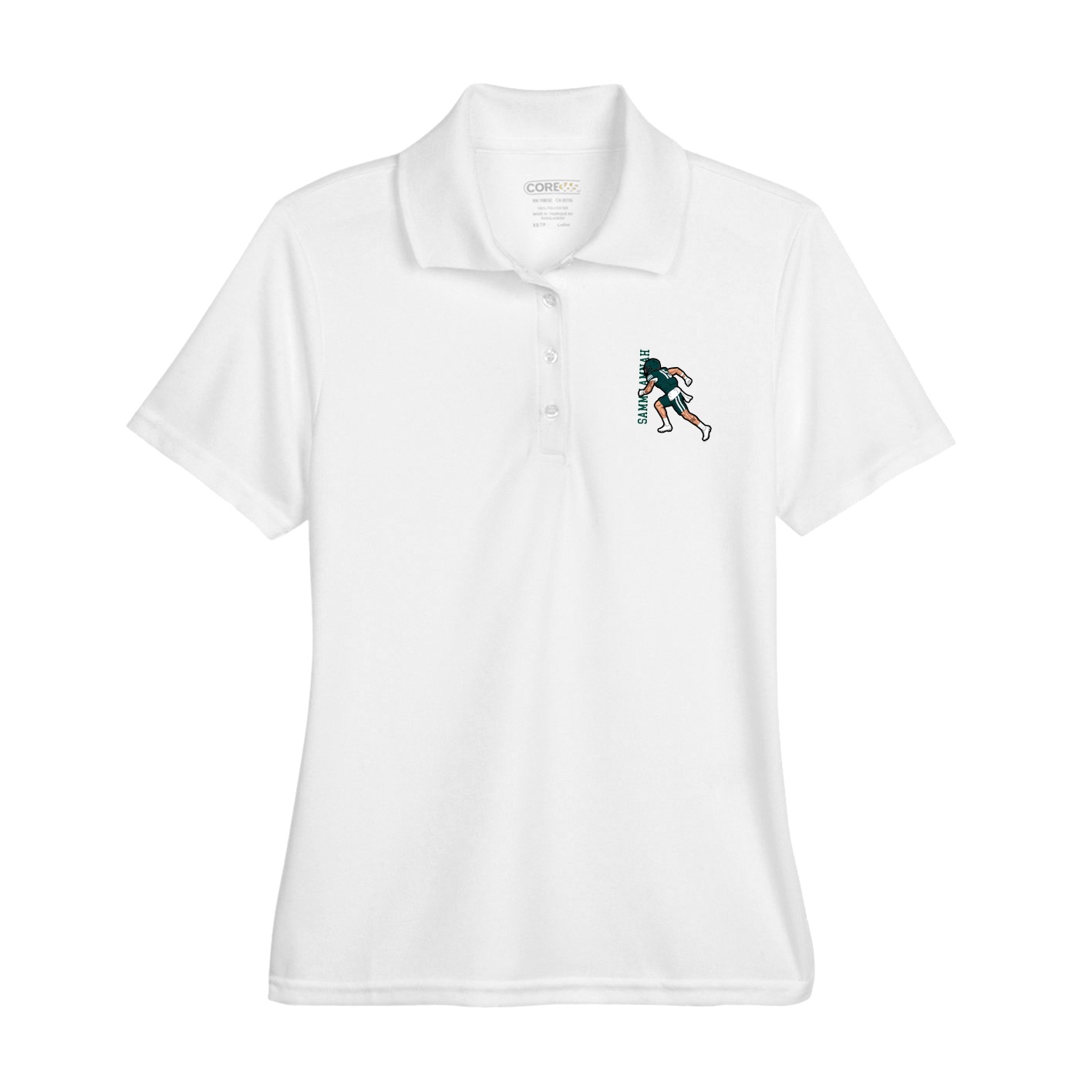 Womens Performance Polo — Name Vertical in White