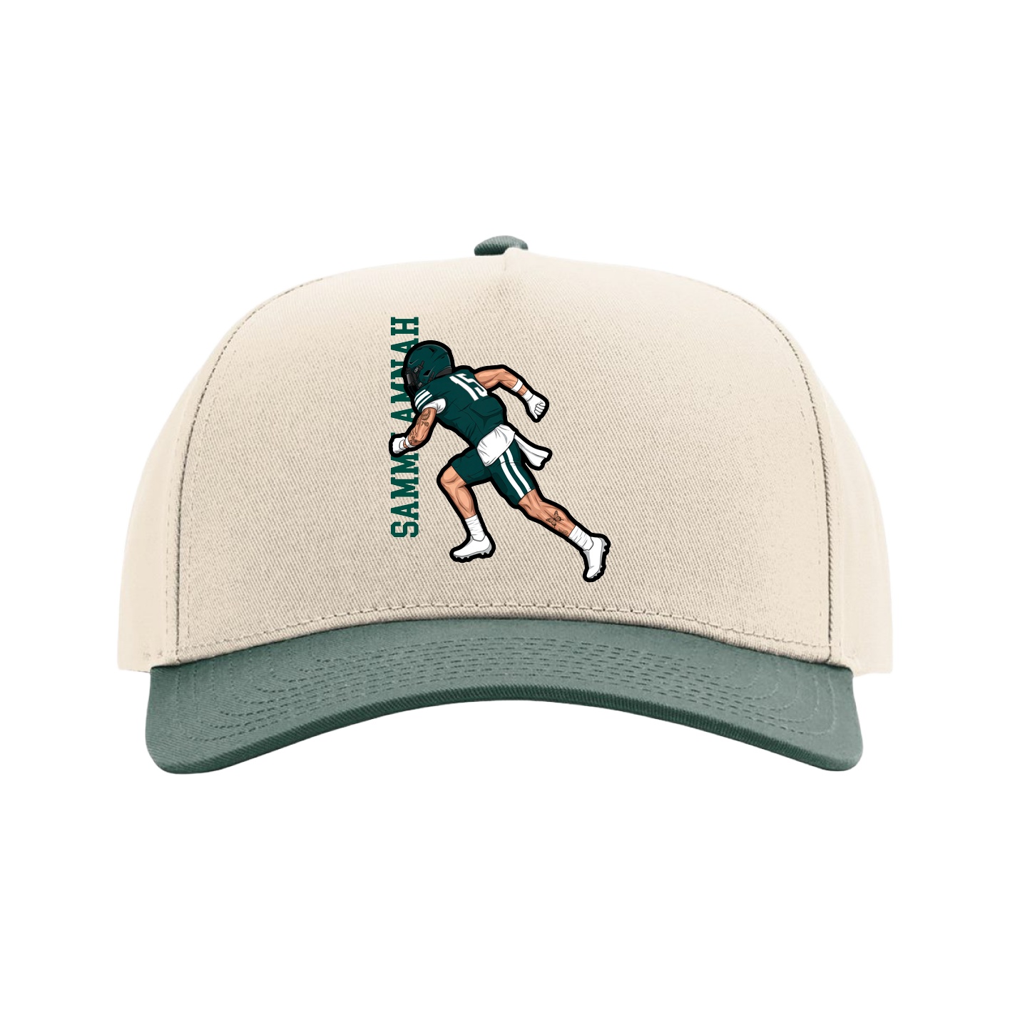 Full Fabric Five-Panel Champ Cap — Name Vertical in Cream/Green