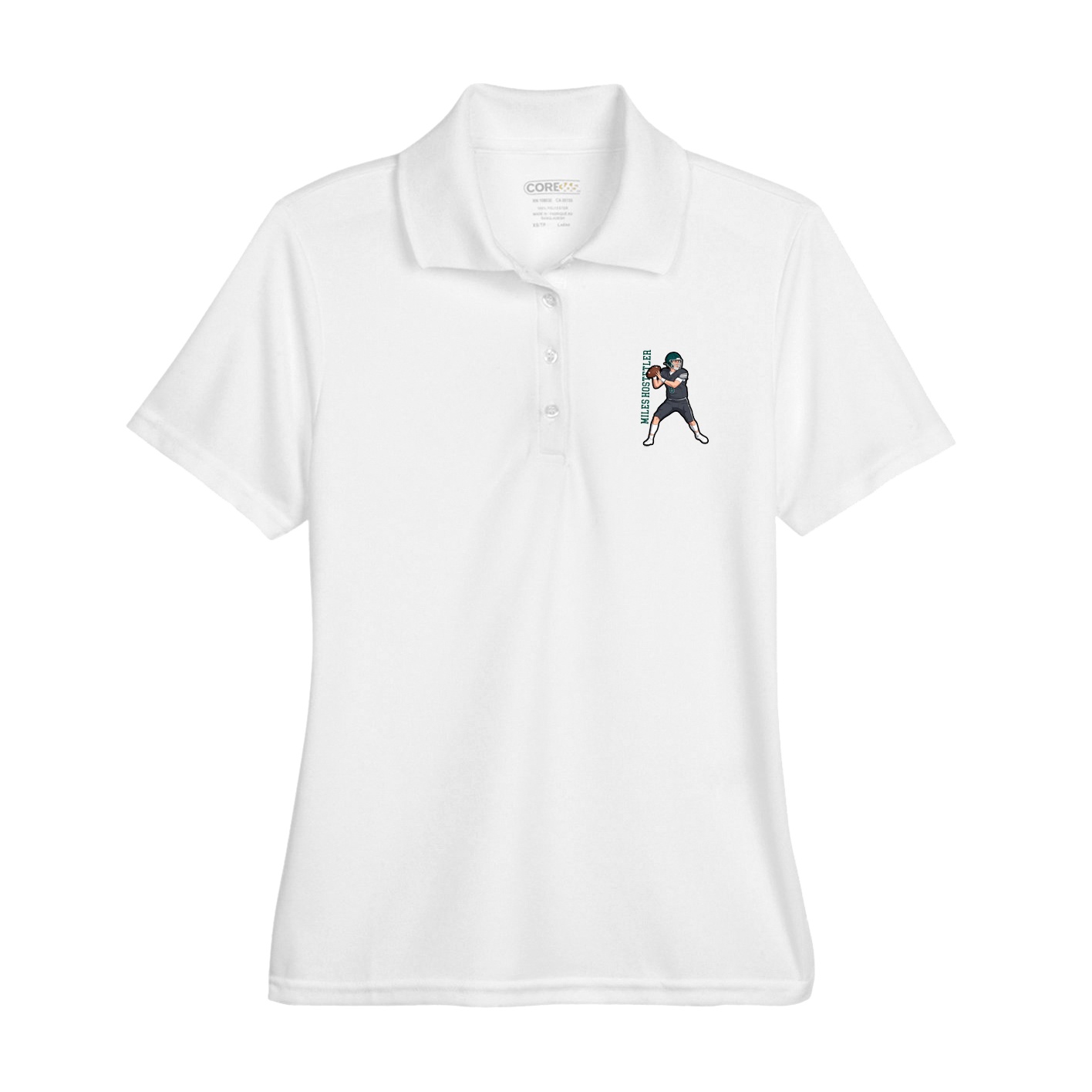 Womens Performance Polo — Name Vertical in White