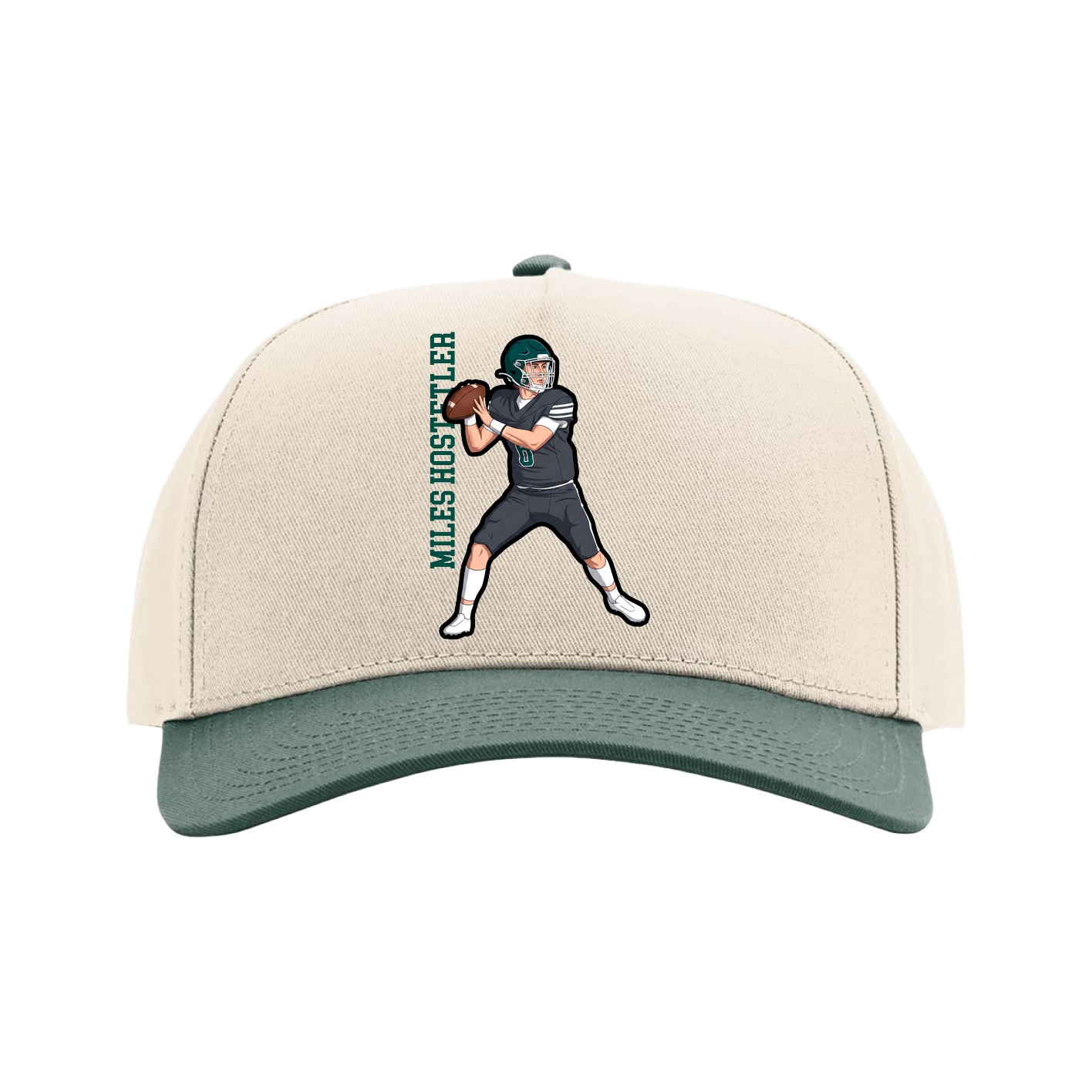 Full Fabric Five-Panel Champ Cap — Name Vertical in Cream/Green