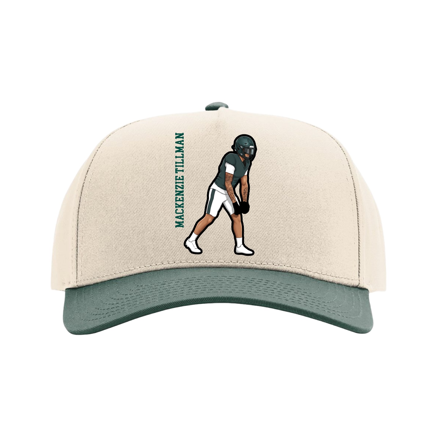 Full Fabric Five-Panel Champ Cap — Name Vertical in Cream/Green