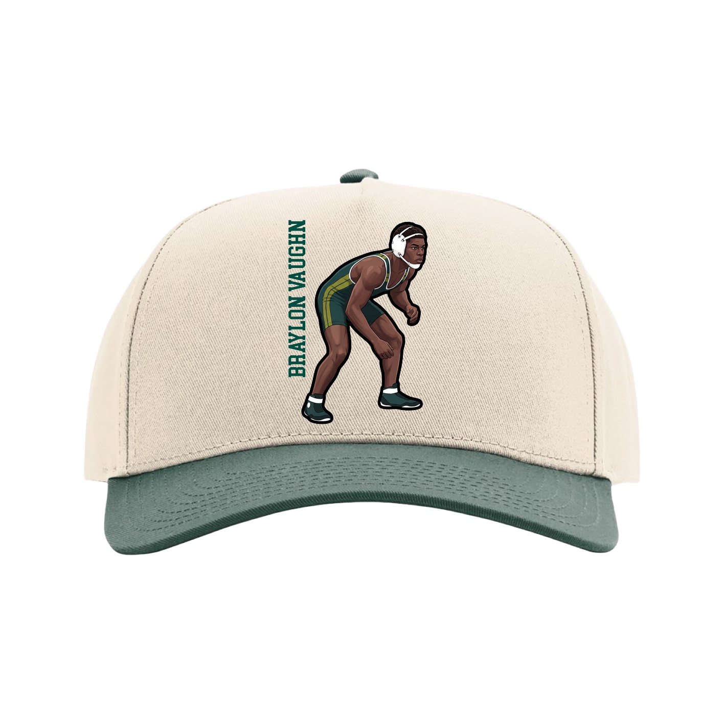 Full Fabric Five-Panel Champ Cap — Name Vertical in Cream/Green