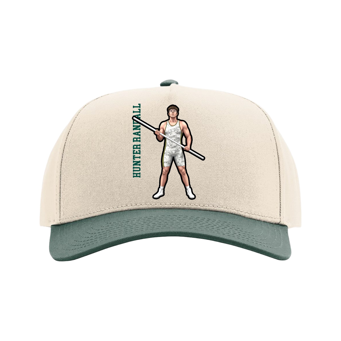 Full Fabric Five-Panel Champ Cap — Name Vertical in Cream/Green