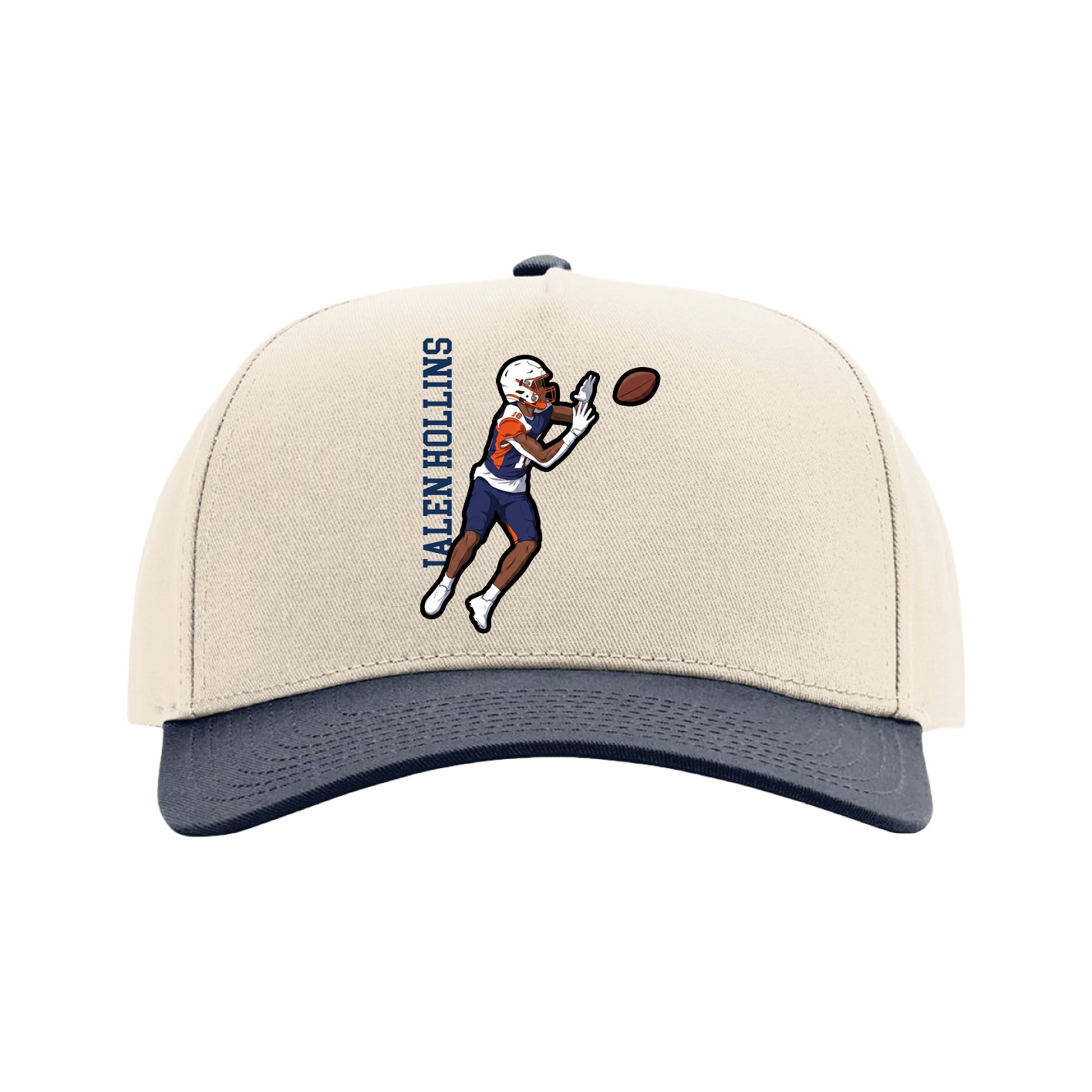 Full Fabric Five-Panel Champ Cap — Name Vertical in Cream/Navy