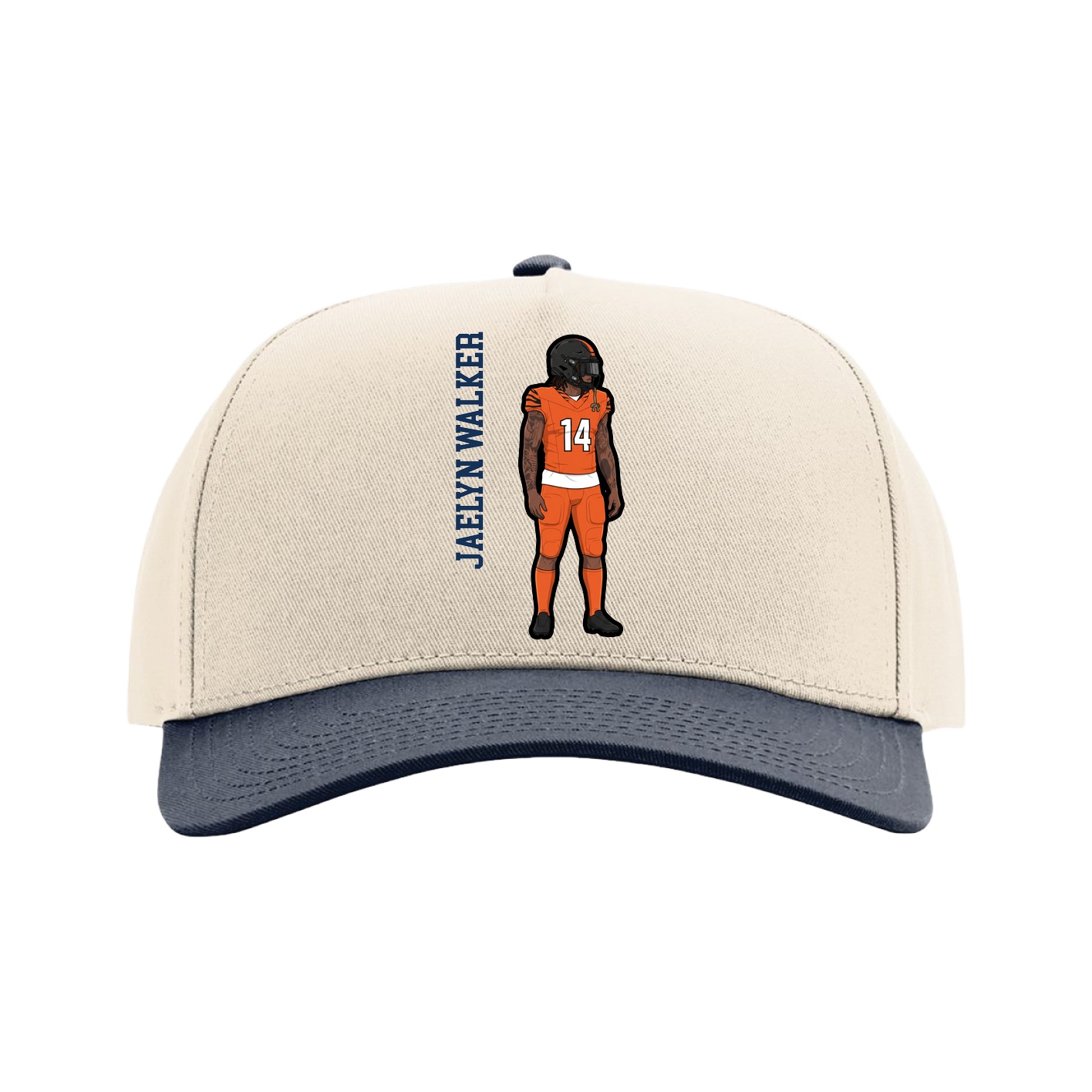 Full Fabric Five-Panel Champ Cap — Name Vertical in Cream/Navy