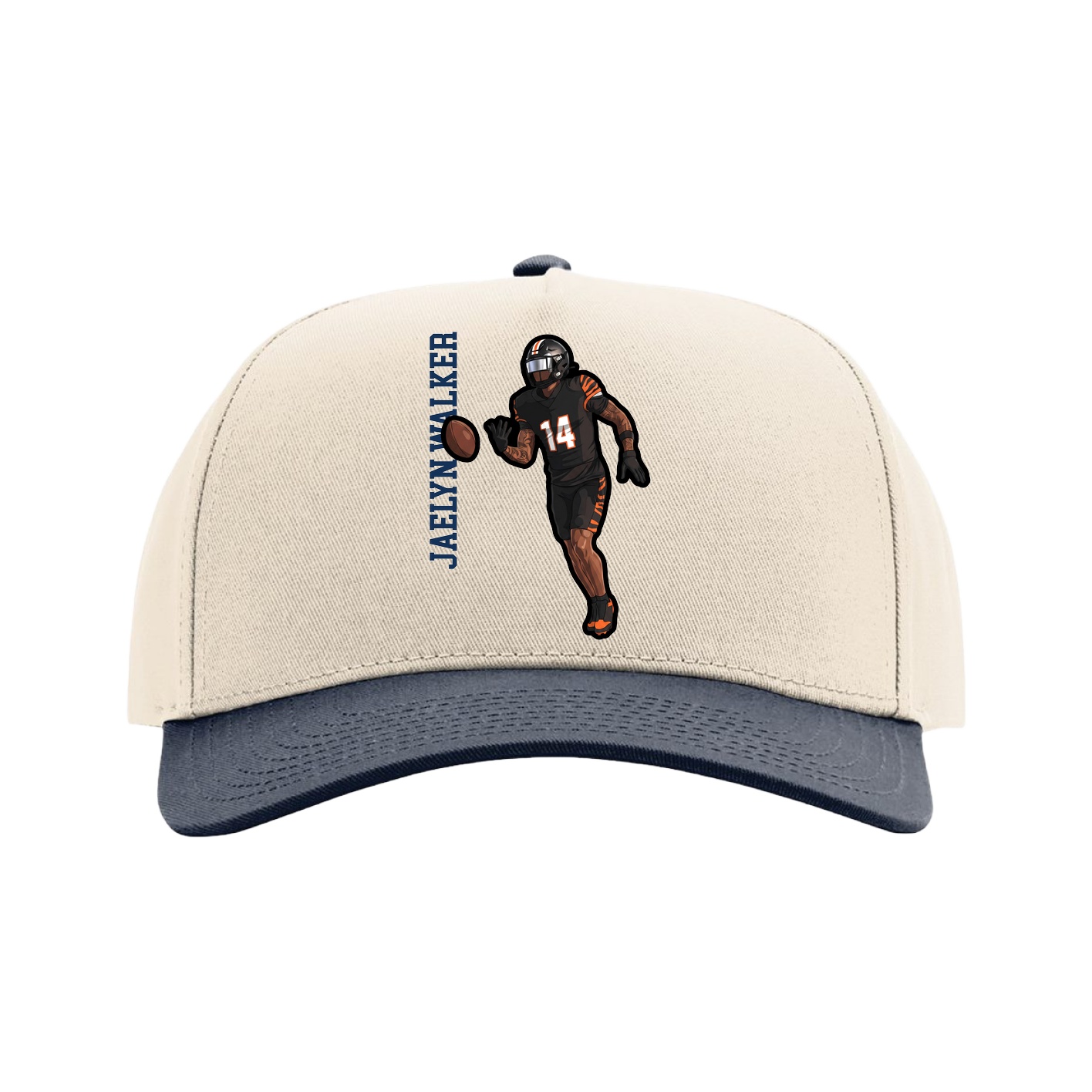 Full Fabric Five-Panel Champ Cap — Name Vertical in Cream/Navy