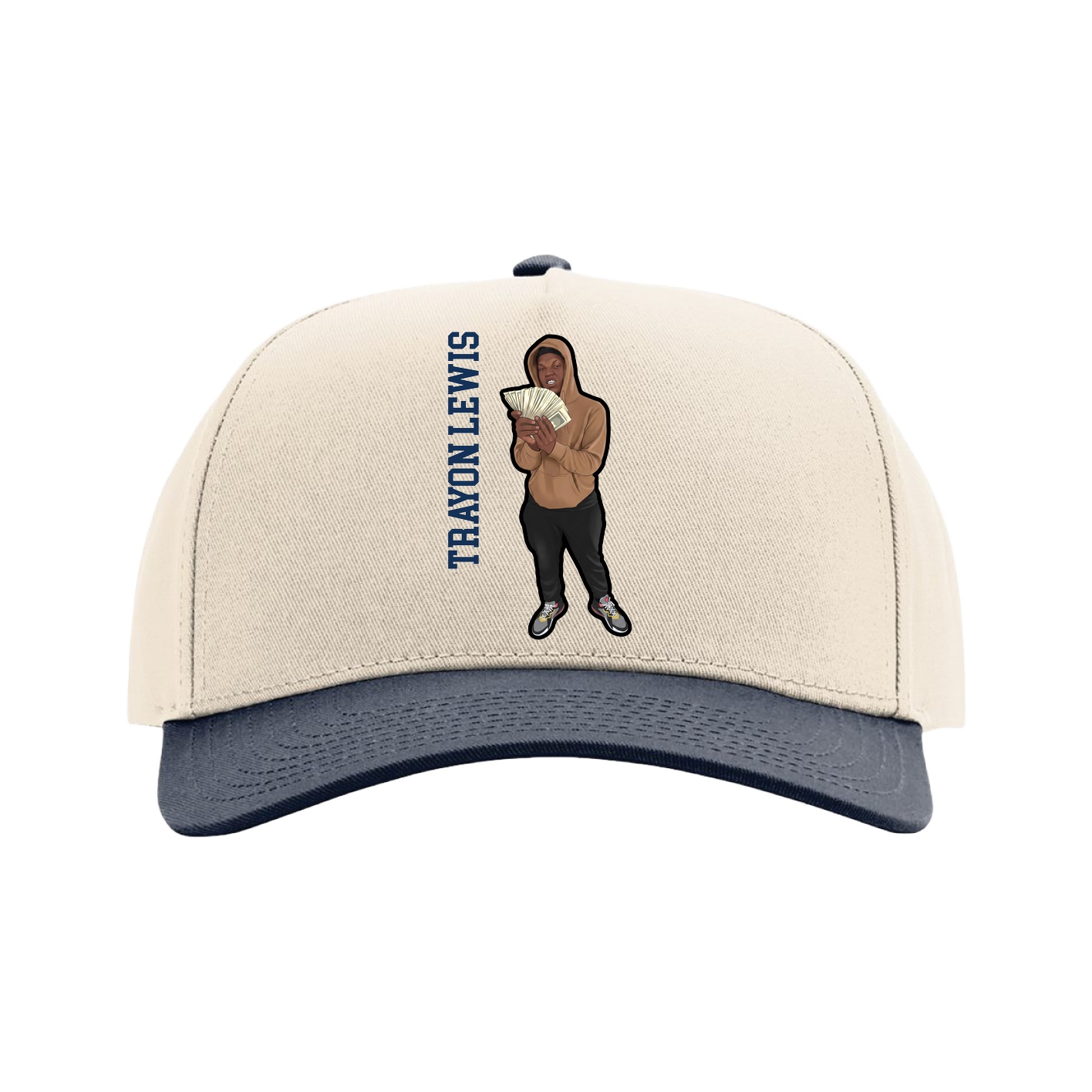 Full Fabric Five-Panel Champ Cap — Name Vertical in Cream/Navy