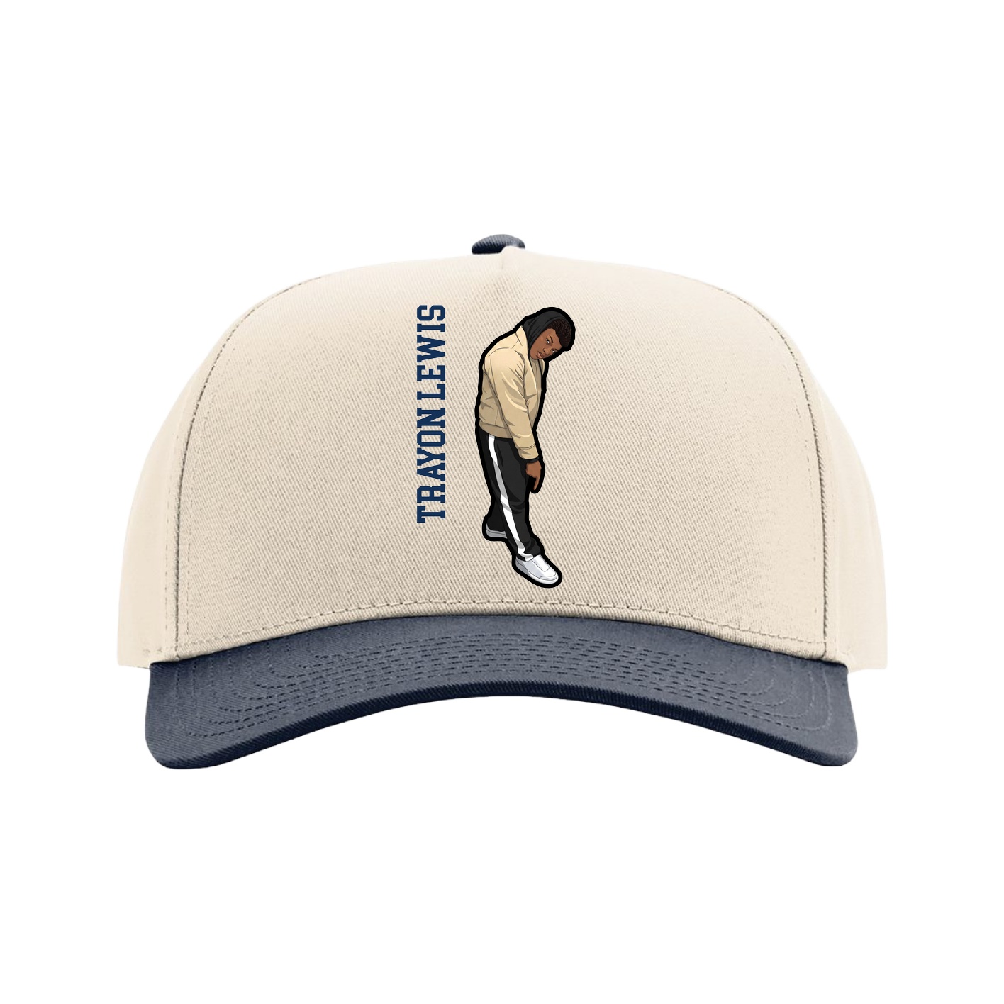 Full Fabric Five-Panel Champ Cap — Name Vertical in Cream/Navy