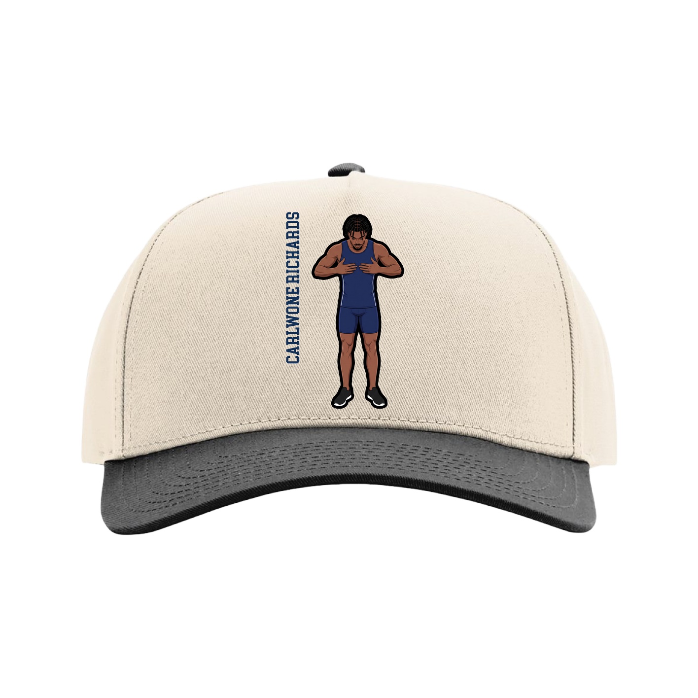 Full Fabric Five-Panel Champ Cap — Name Vertical in Cream/Black