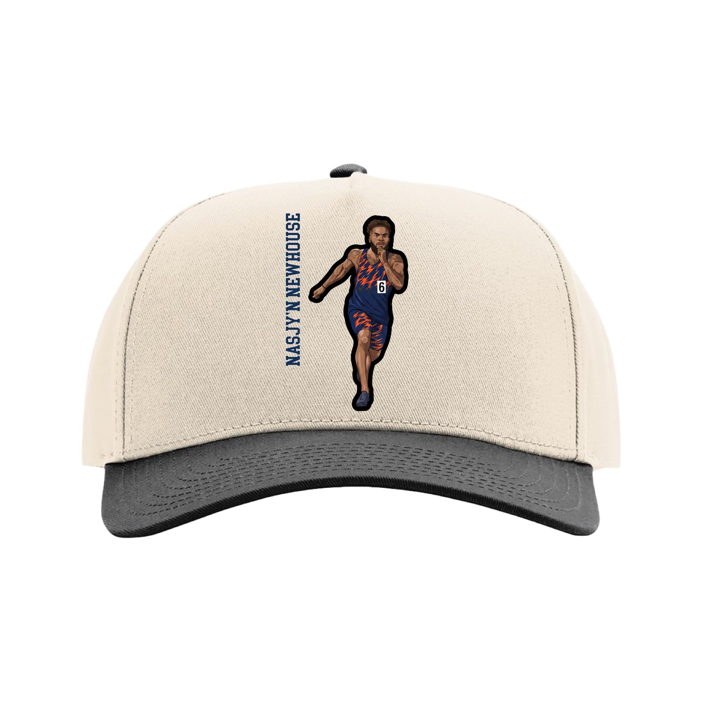 Full Fabric Five-Panel Champ Cap — Name Vertical in Cream/Black