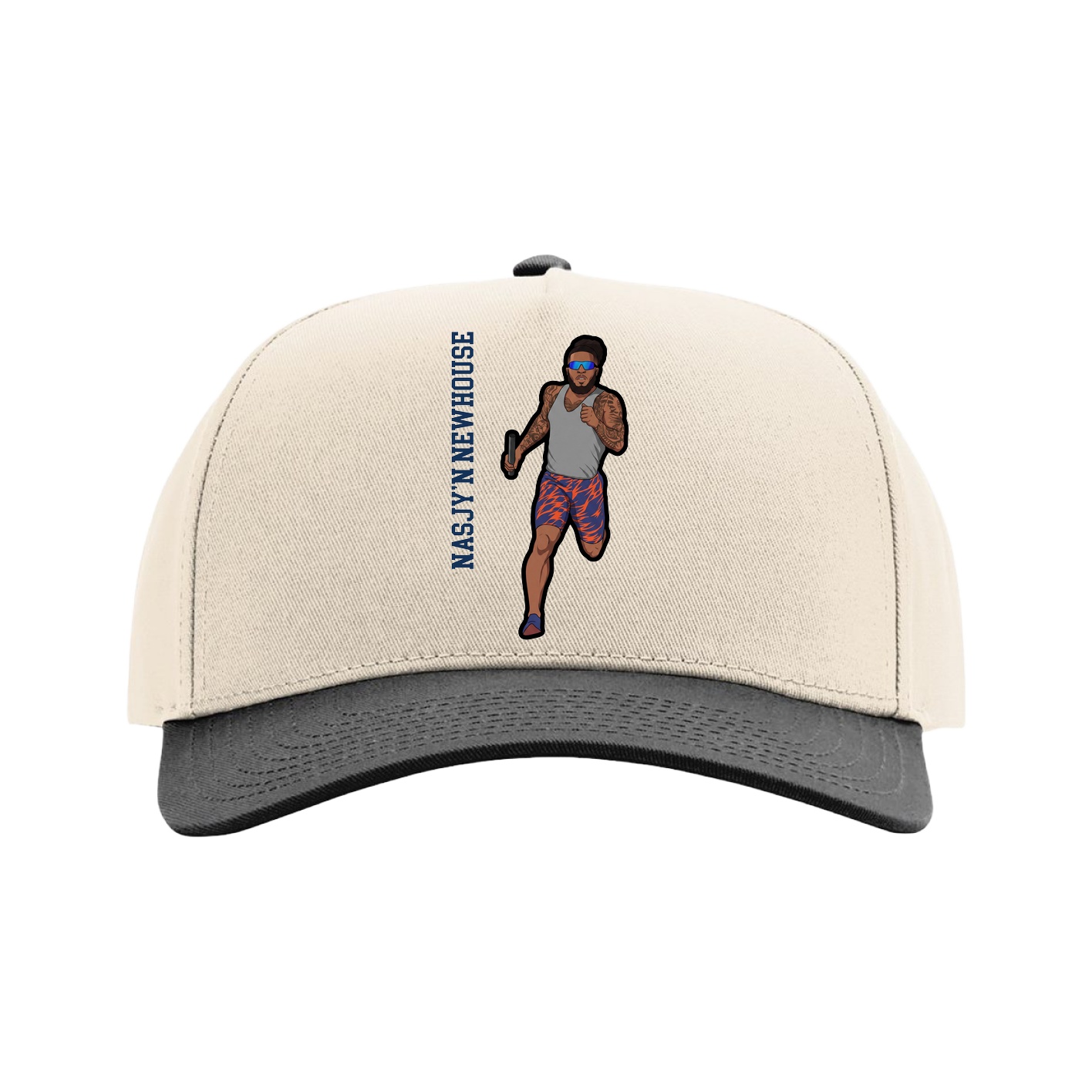 Full Fabric Five-Panel Champ Cap — Name Vertical in Cream/Black